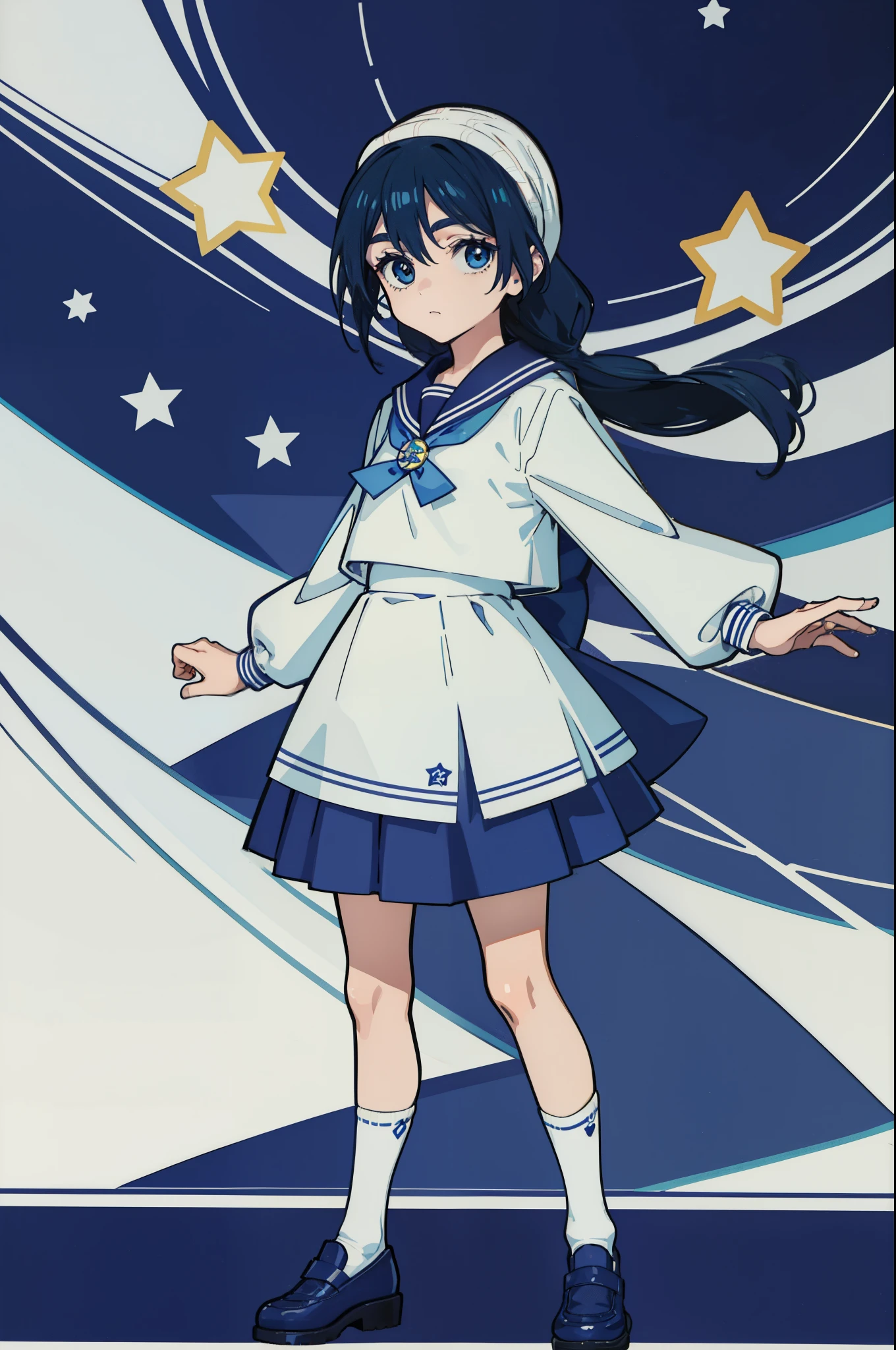 Cute, Q version of the character, cartoon, Full body, Three-headed body, Standing, Long hair, 10〜12year old, beautiful skirt, Sailor Suit, Calf Socks, Big eyes, Blue, Bow, Little stars, shine, Many details, Official art