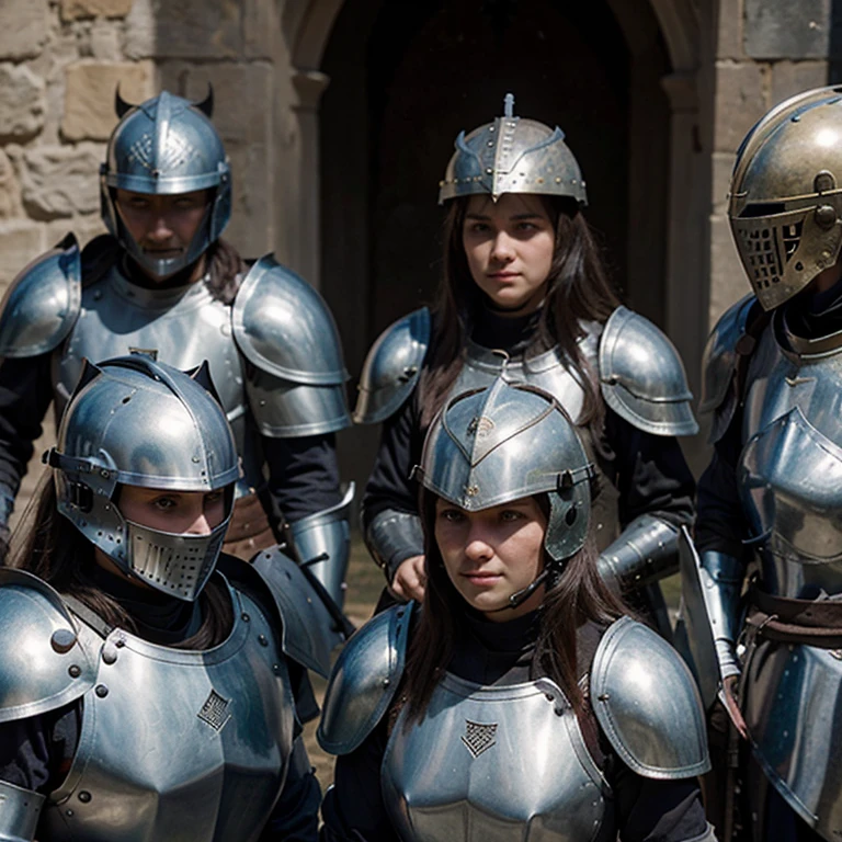 A small group of 5 female knights, fitted for war, full suits of armor, a few wearing medieval knight helmets with face covering