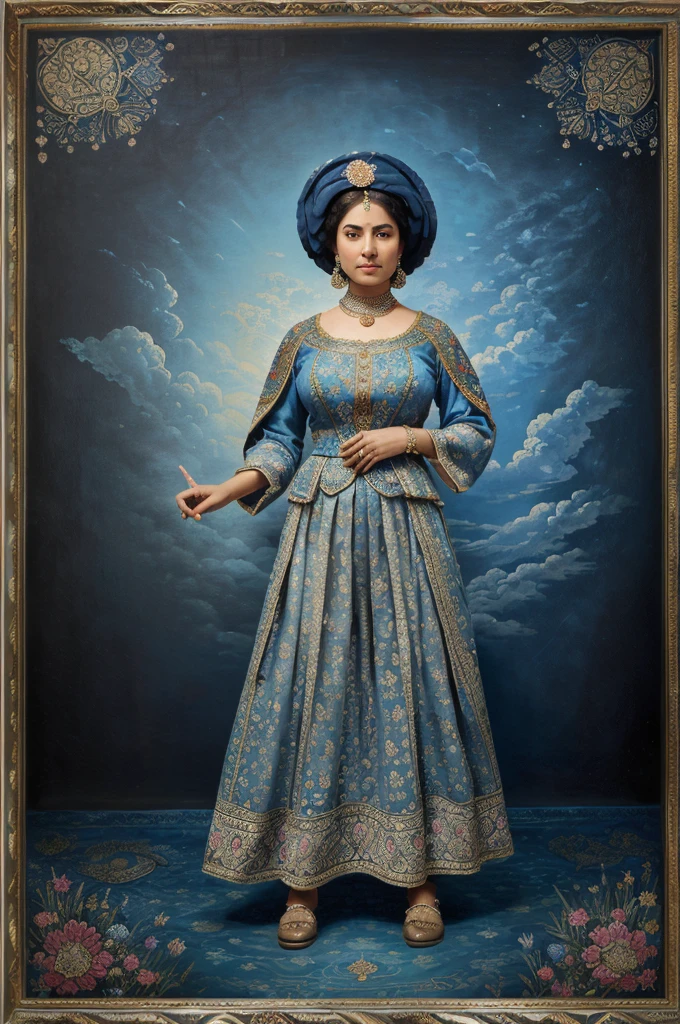 ((full body)) , ((front view:1.8)) , Persian Qajar period woman , ((30 years old)) , wrinkle on face ,  , Bright dark face , ((detailed face)) , Rembrandt light , in traditional blue dress , fish pattern on dress , ((background contains painting of clouds, floral frame )), ((perfect rectangular frame))