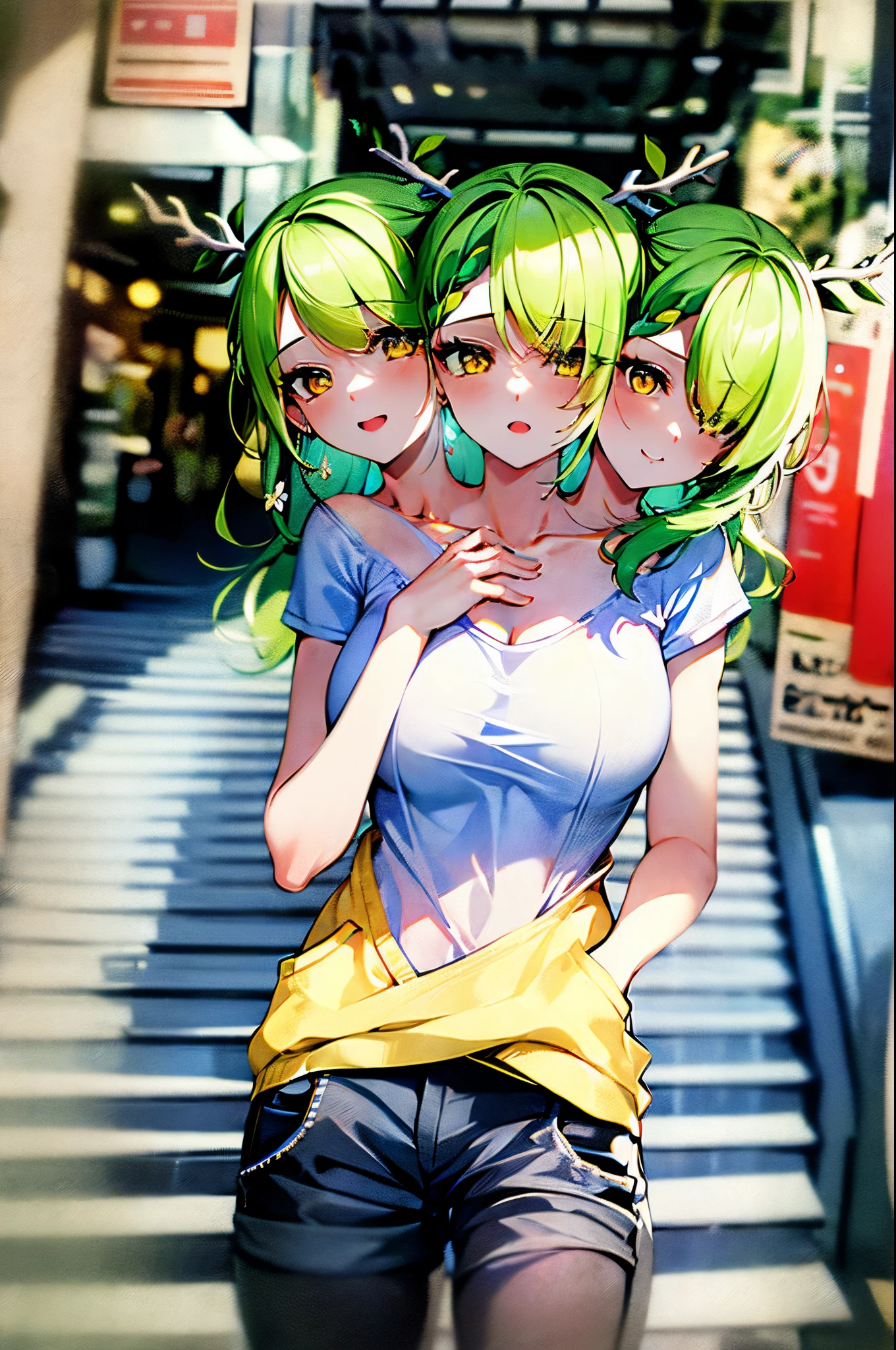 (3heads:1.6), 1girl, masterpiece, best quality, absurdres, perfect anatomy, 1girl, solo,Ceres Fauna, antlers, long hair, hair flower, braided bangs, graphic tee, denim shorts, standing, outdoors, city, (hands in pockets)