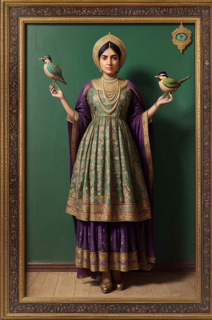 ((full body)) , ((front view)) , Persian Qajar period woman , ((30 years old)) , wrinkle on face , , Bright dark face , ((detailed face)) , Rembrandt light , in traditional green dress , fish pattern on dress , ((background contains painting of birds, floral frame )), ((perfect rectangular frame))