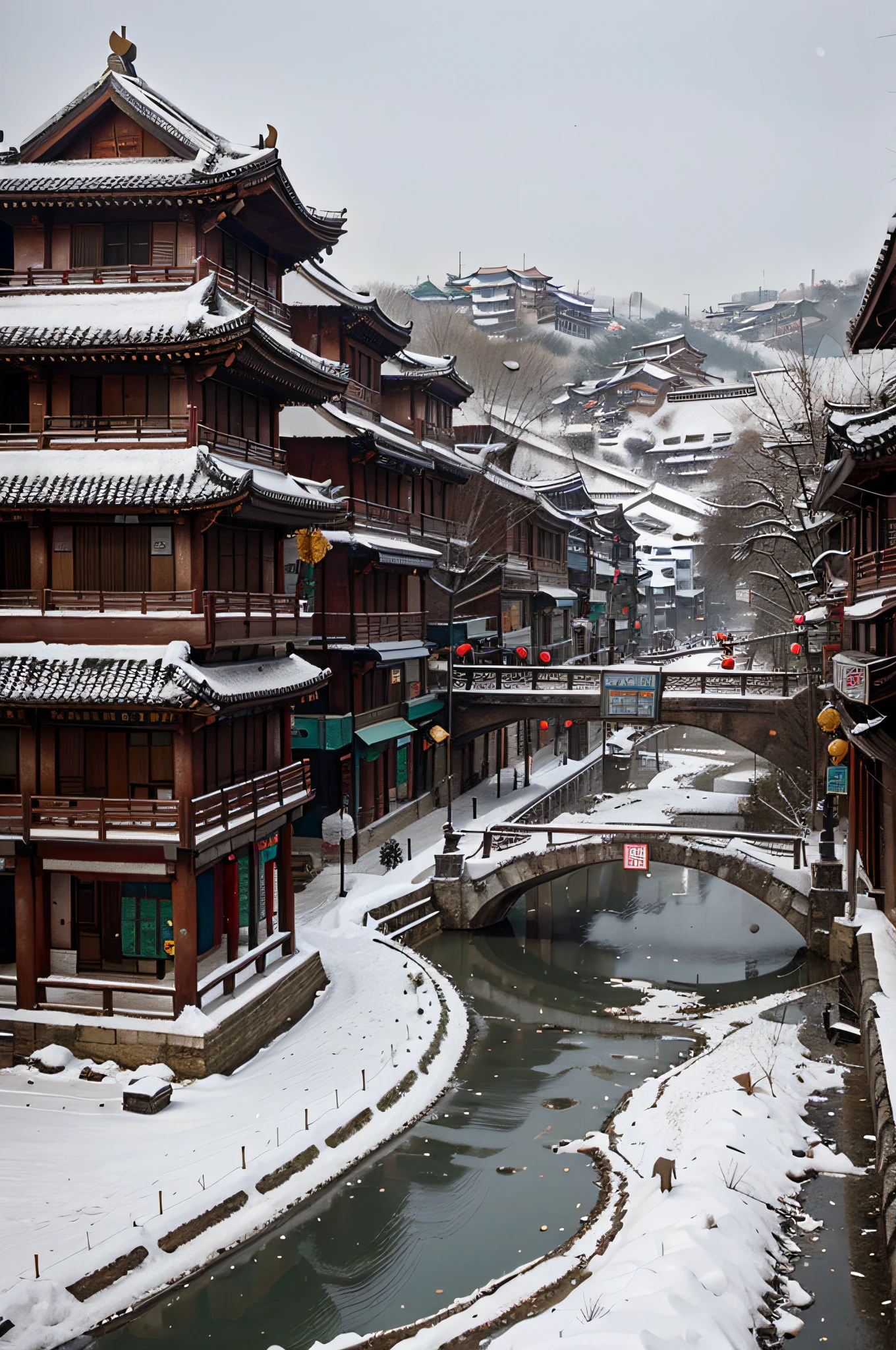 china city, old castle, yuki, Snowy Land, Winters, The river runs through the city, tang dynasty, mappa