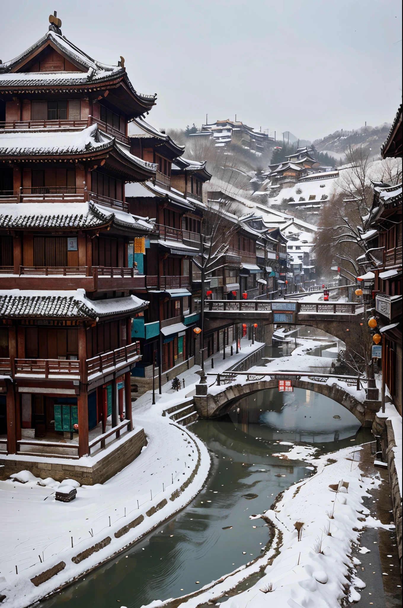 Chinese town, ancient city, snow, snowy, winter, river cross the city, Tang Dynasty, map