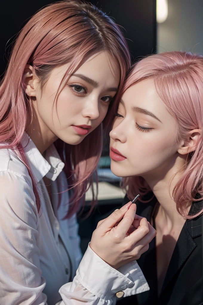 a picture of a woman getting head in the office from another office lady, cunnilingus, oral, 2girls, multiple girls, yuri, pink hair