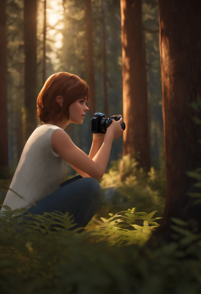 Max is capturing a beautiful view of the forest with her camera,Life is Strange video game series,Max is a age girl with short light brown hair, bangs, freckles, green eyes, female