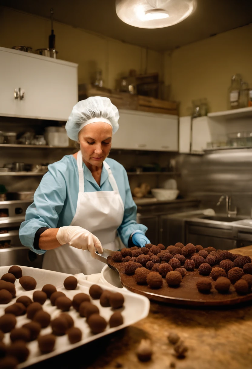 A photo of Mary carefully preparing a fresh batch of psilocybin-infused chocolate truffles in a laboratory kitchen.,original,In the serene, forested expanses of rural Northern California resides Mary, the world’s foremost expert on magic mushrooms. She has long, sun-kissed hair often tied back in a practical ponytail and attire that blends seamlessly with the natural environment she cherishes., female