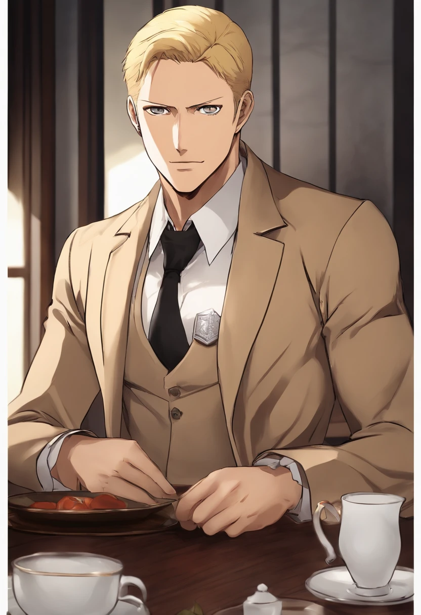 A photo of Reiner sitting at a small table in a cozy cafe, with a cup of tea in hand and a distant look in his eyes.,Attack on Titan,Reiner Braun is tall, buff, with very short blonde hair and a very short stubble goatee, small amber eyes, thin eyebrows, very masculine features. Wears a long beige coat, white dress shirt, black tie, and a red armband with a white nine-pointed star on it. (Reiner Braun from Attack on Titan), male