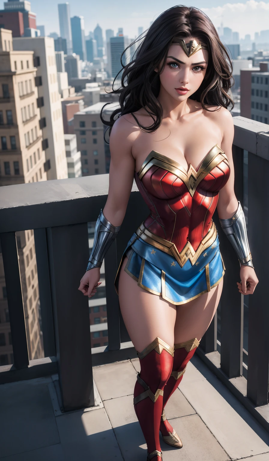 4k, realistic, charismatic, lots of detail, there is a girl at the top of the city, wearing the costume of Wonder Woman, she is a brunette with wide eyes, white superhero theme,, 25 years old, full body, perfect ???????, small outfit. ????, ????, ?????????????, cleavage, sultry, exotic