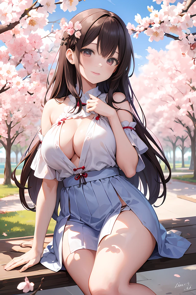 (tmasterpiece), Best quality, A high resolution, The content is very detailed, detailedbackground, perfect litthing, external, 1 busty girl, Sakura blossoms