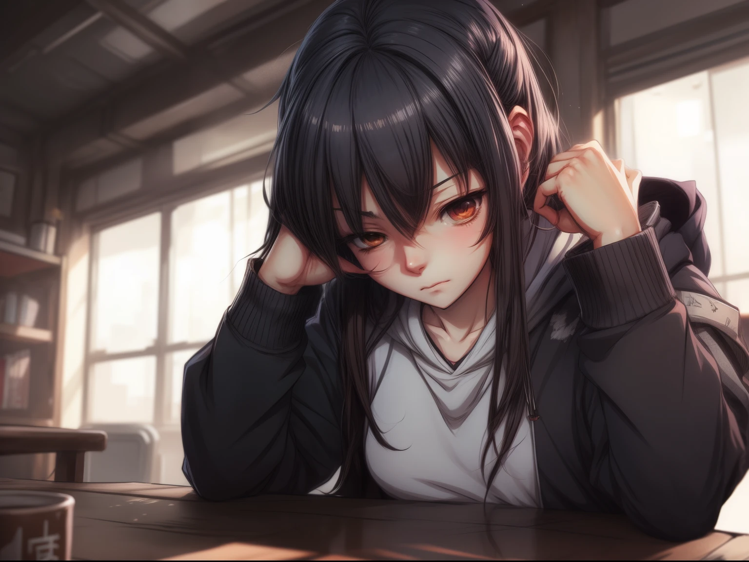 Anime girl sitting at the table, clasping his head in his hands, anime moe artstyle, kantai collection style, anime visual of a cute girl, with a sad expression on his face, artwork in the style of guweiz, girls frontline style, Tired expression on his face, young anime girl, Bored expression on his face, Long Hair Anime Girl, Black-haired girl in hoodie, guweiz