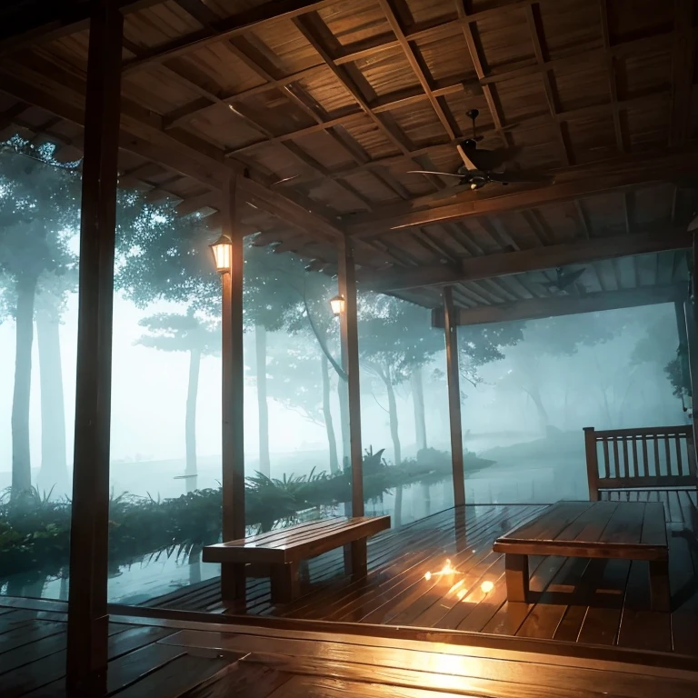 cinematic still, Cabana na Mata, atmosfera pesada , Noite, volumetric fog, horror movie lighting