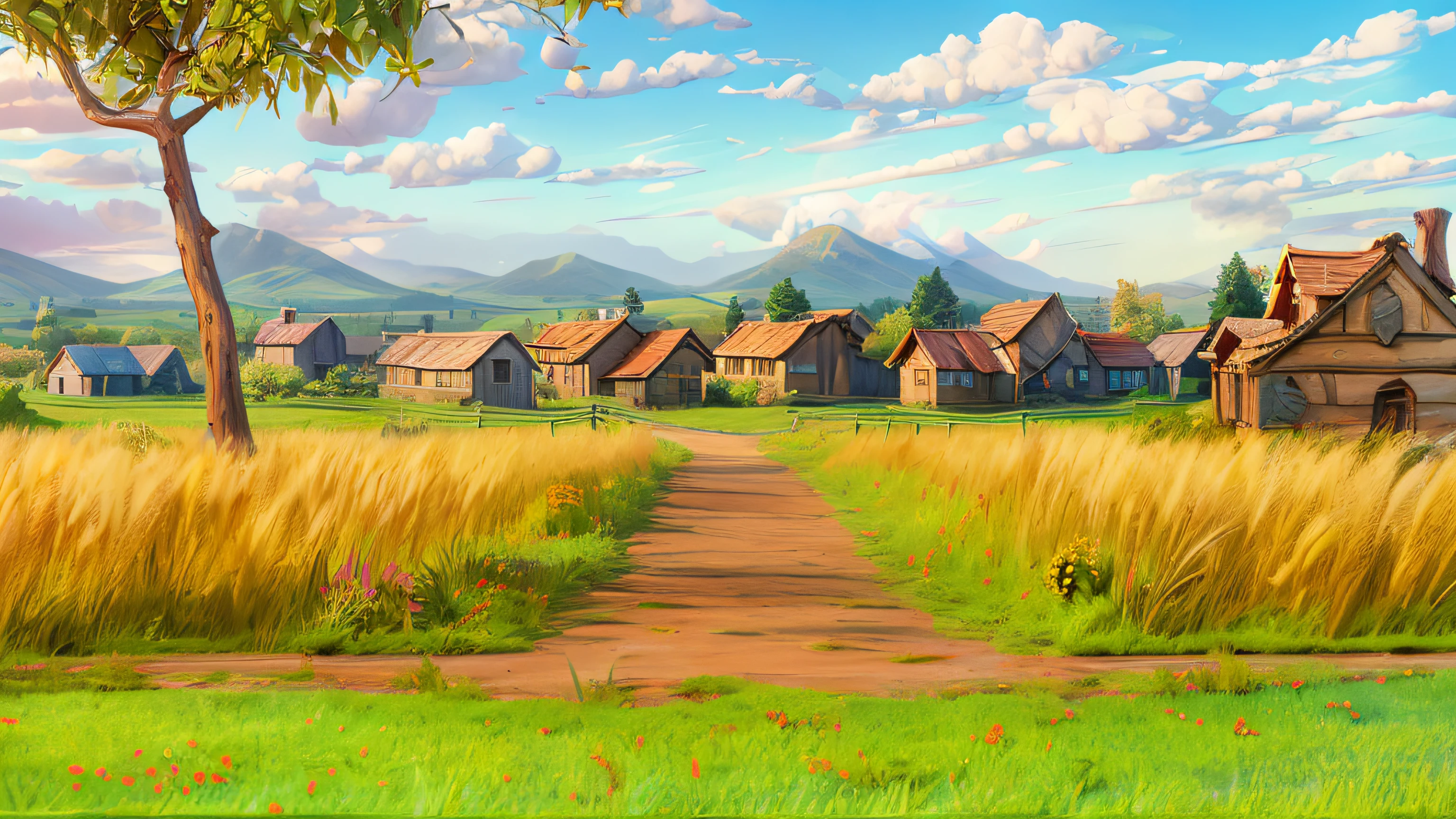 ((sunlight from the upper-top Left:1.5)), Pixar, 3d animation, 3d render, a farm in the countryside, afternoon daylight with long shadow, A field of yellow wheat, There is green grass growing in the bed of the wheat field and beneath of wheats, (cartoonish dirt road cuts through the field:1.3), a large tree. The barn has a red and some whit, in the left bottom corner there is grassland, high detail rendering, Vary rendering, Arnold render, Artistic 3d render, profession CG shooting, artistic composition, professional Framing, sharp and high detail image, vivid colors, daylight, highly detailed, film grain, crystal clear, intricate, smooth, elegant, masterpiece, 4k, 8k, GI lighting, hyper detailed, HD