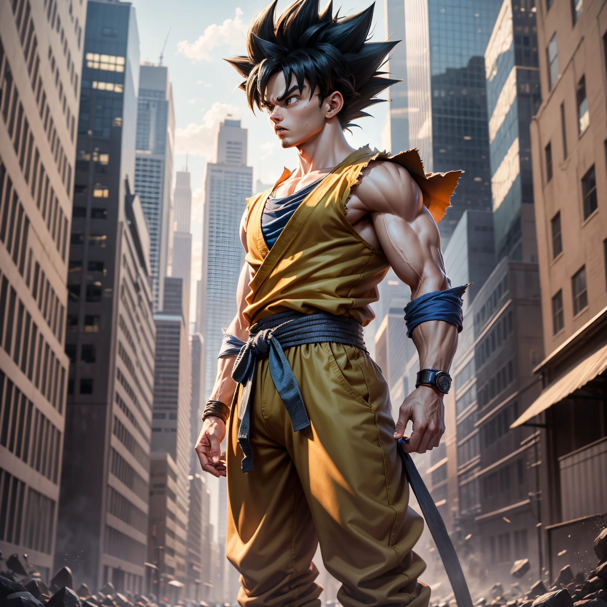 They are Goku, 1boy, arms at the sides, artist name, baggy pants, biceps, black hair, blood, blood from the mouth, blue sash, blue bracelet, blurred bracelet, blurred background, body fur, closed mouth, collarbone, frown, long hair, looking away, looking to the side, male focus, monkey tail, muscular, male muscle, pants, pectorals, red fur,  girdle, scratches, serious, simple background, solo, spiked hair, standing, Super Saiyan, Super Saiyan 4, tail, torn clothes, Twitter username, V-shaped eyebrows, bracelet, yellow eyes, yellow pants, ((masterpiece))anime - style image of a man , Dragon Ball concept art, Akira Toriyama style, Dragon Ball art style,  advanced digital anime art", highly detailed portrait of Goku, Toriyama Akira, detailed anime character art, inspired by Akira Toriyama, portrait of Goku, stunning character art, Dragon Ball style --auto