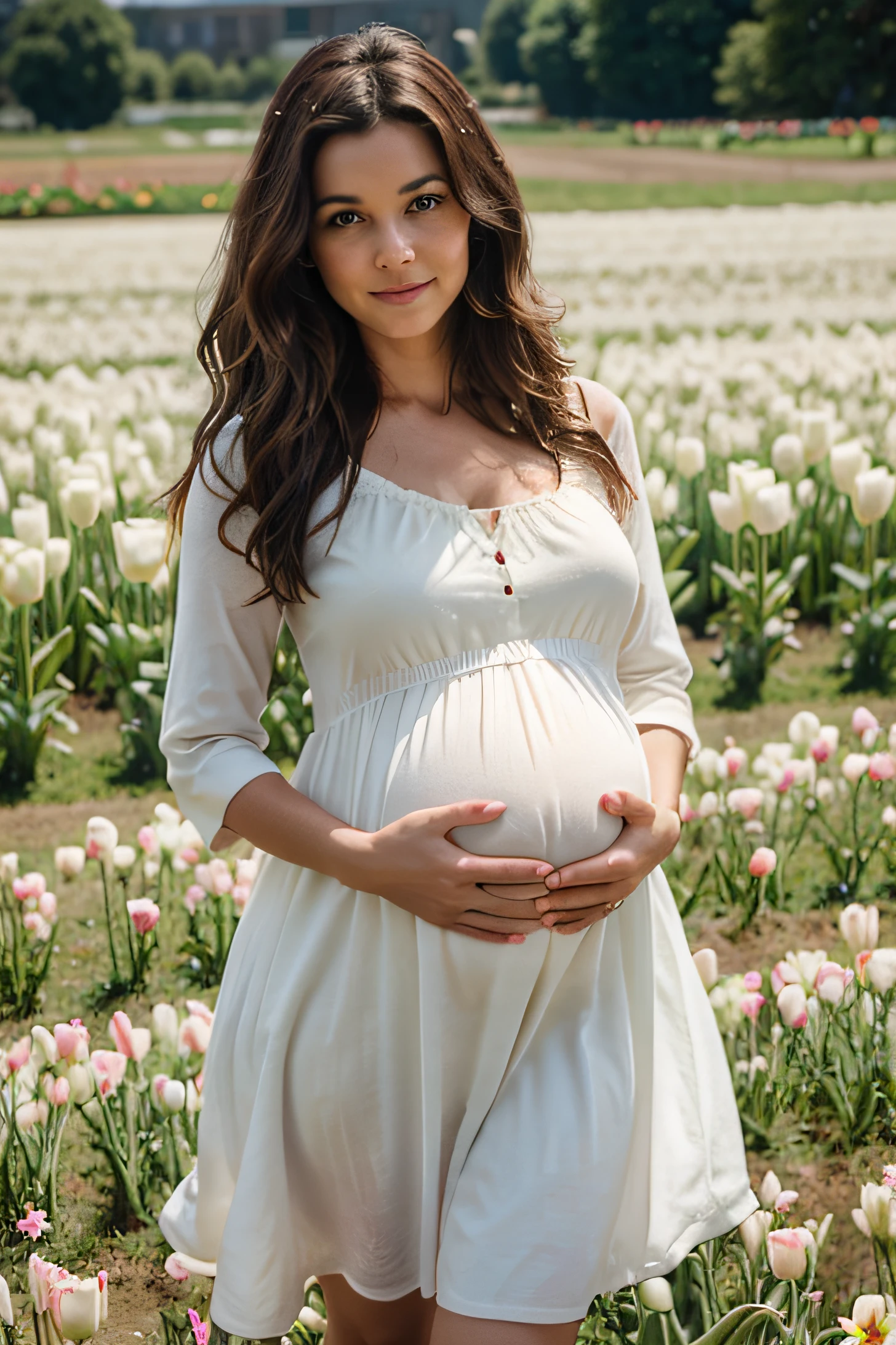Pregnant woman, cabelo castanho escuro ondulado volumoso, com um sorriso suave no rosto, ultra realistic, usando um vestido branco, andando em um campo de tulipas, foto ultra realista