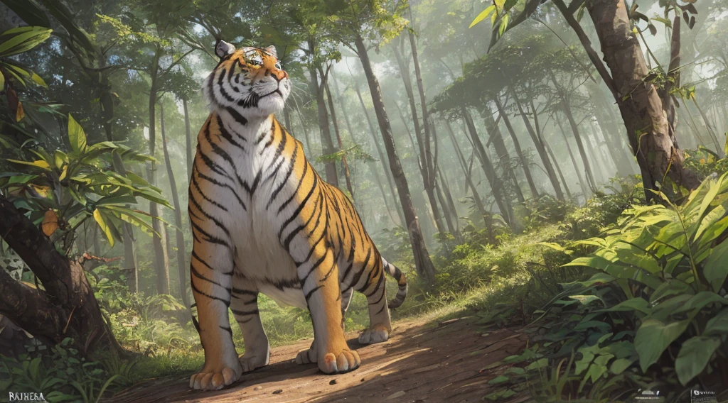 Capture a Dutch angle shot of a tiger character standing in the middle of the jungle, with muscular athletic body, in the style of unreal engine 5, hyper-realistic, ultra detailed, cinematic lighting