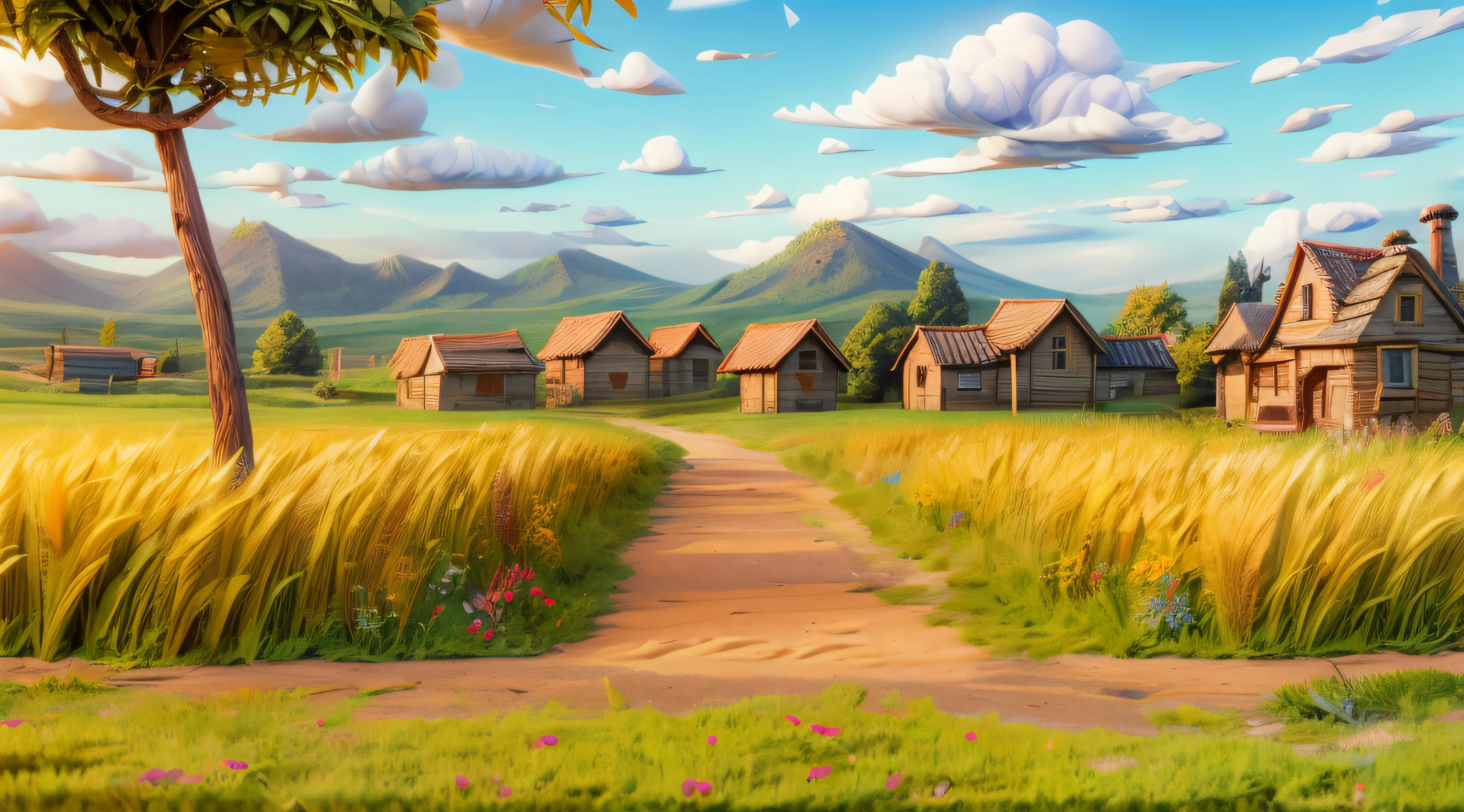 ((sunlight from the upper-top Left:1.5)), Pixar, 3d animation, 3d render, a farm in the countryside, afternoon daylight with long shadow, A field of yellow wheat, (cartoonish dirt road cuts through the field:1.4), There is green grass growing in the bed of the wheat field and beneath of wheats, a large tree in farm, in the bottom near viewer there is grassland with some flowers, high detail rendering, Vary rendering, Arnold render, Artistic 3d render, profession CG shooting, artistic composition, professional Framing, sharp and high detail image, vivid colors, daylight, highly detailed, film grain, crystal clear, intricate, smooth, elegant, masterpiece, 4k, 8k, GI lighting, hyper detailed, HD