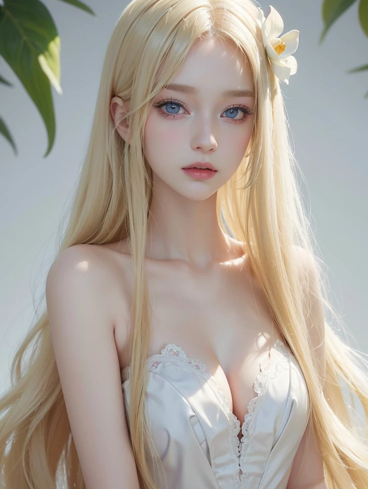 (Best Quality, 8K, masterpiece blonde with long blond hair and blue eyes holding a flower, Her face looks like an orchid, Portrait of Kim Petras, pale porcelain-white skin, porcelain pale skin, blonde hair and large eyes, pale fair skin!!, pale skin, curly blonde hair, Pale ivory skin, pale beautiful skin, Pale ivory skin, very pale blonde hair, beautiful pale makeup