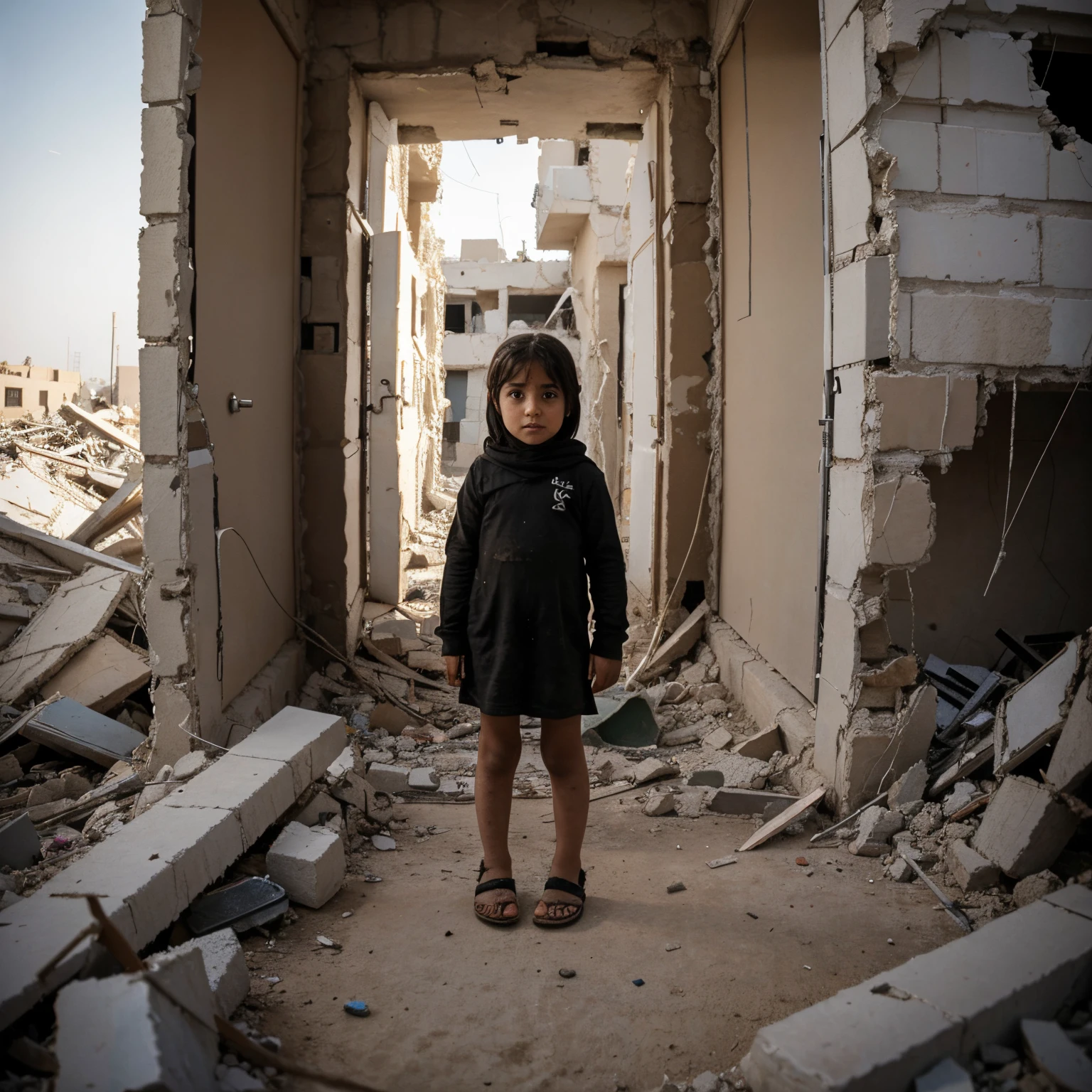 A little girl from Gaza stands alone on a background of destruction, ruin, and rubble