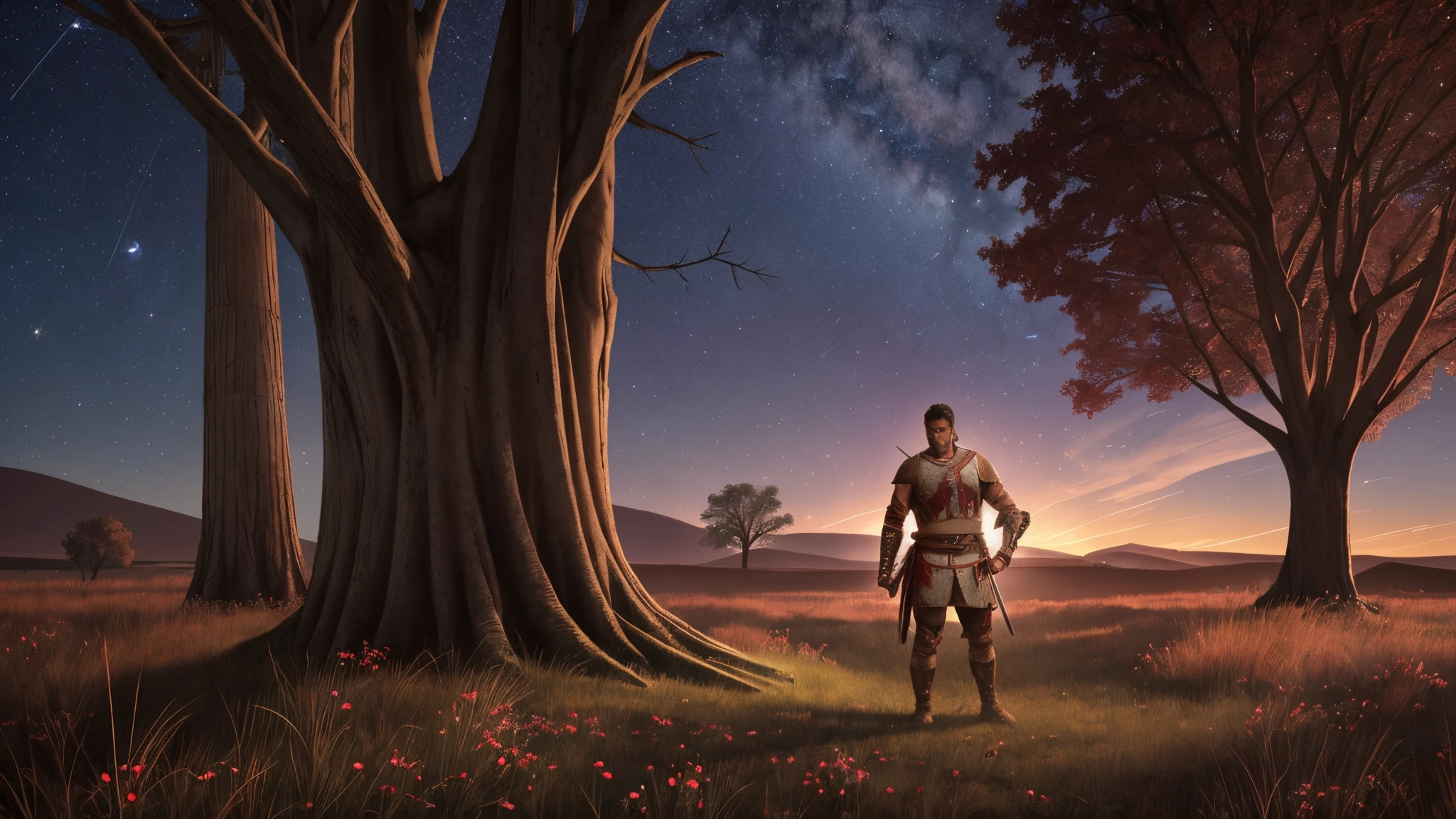 Wounded ancient soldier, looking at the stars, dawn, a tree in the vicinity, blood spilling out of his stomach area. He's wearing ancient warrior gear, his sword next to him.