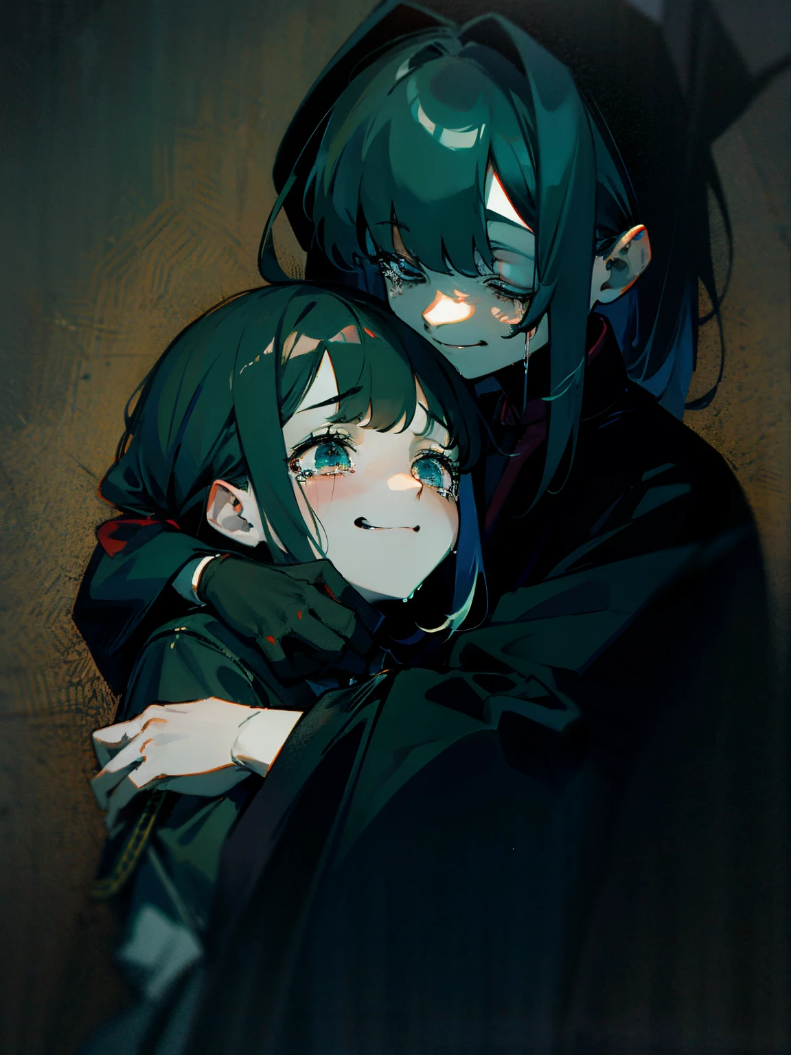 Generates a creepy animated scene in which a hooded, black-robed girl with a disturbing smile hugs another crying girl from behind.