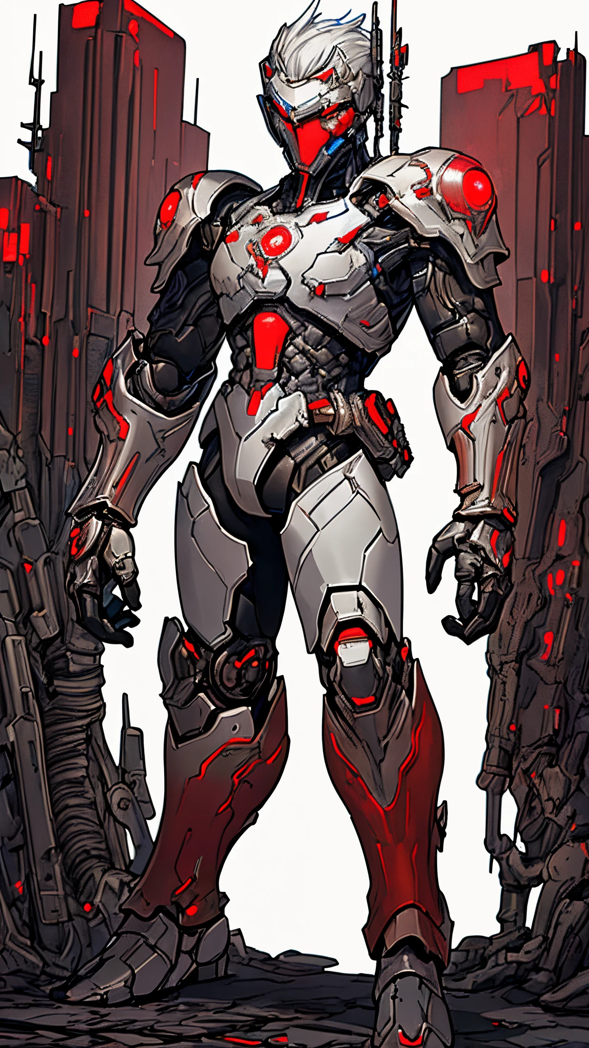 armor soldier，stand posture，red color eyes，correct posing，Beautiful graphics，transparent background，cyberpunk，sci-fi