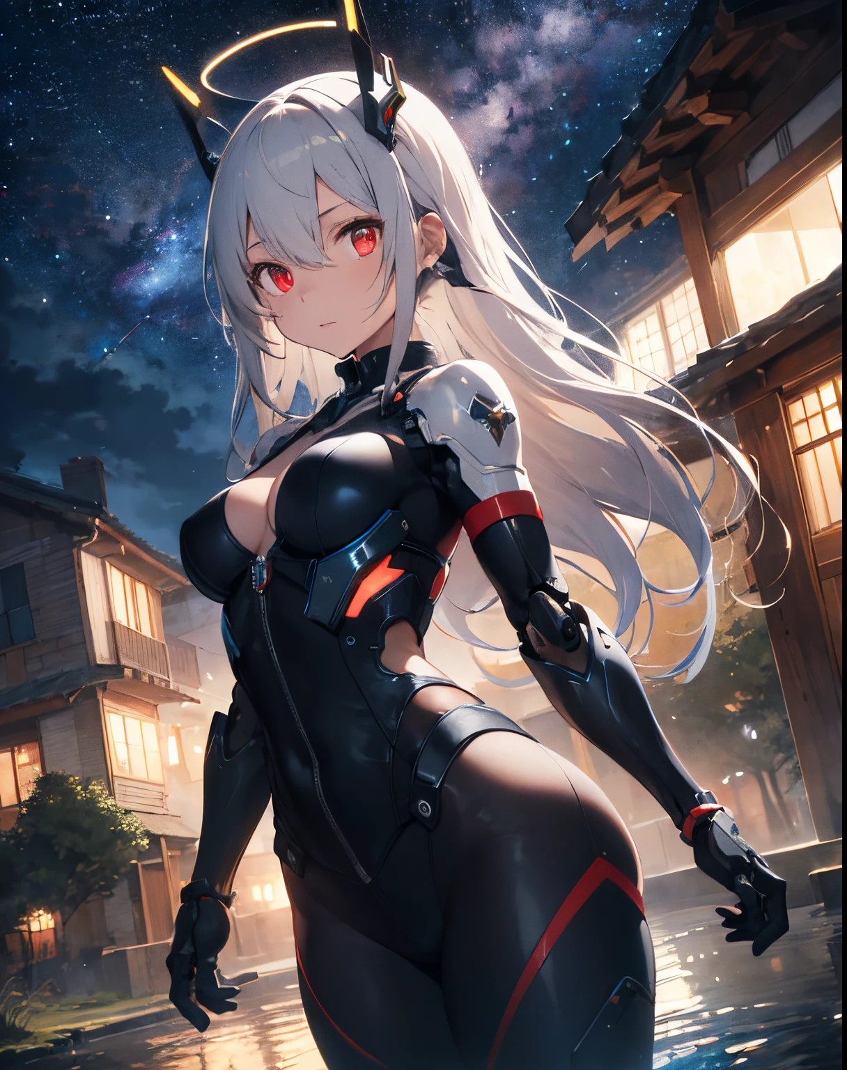 masterpiece,best quality,ultra-detailed,very detailed illustrations,extremely detailed,intricate details,highres,super complex details,extremely detailed 8k cg wallpaper,cowboy shot, caustics,reflection,ray tracing,demontheme,nebula,dark aura,cyber effect, (1girl:1.4),solo,alone,mecha musume,mechanical parts, robot joints,single mechanical arm, headgear, mechanical halo,star halo,intricate mechanical bodysuit, mecha corset, kimono, full armor, very long hair,white hair, hair between eyes, multicolored hair, colored inner hair, red eyes,glowing eye,eye trail, random expressions,random action, ancient japanese architecture,pond, starry sky,skyline,