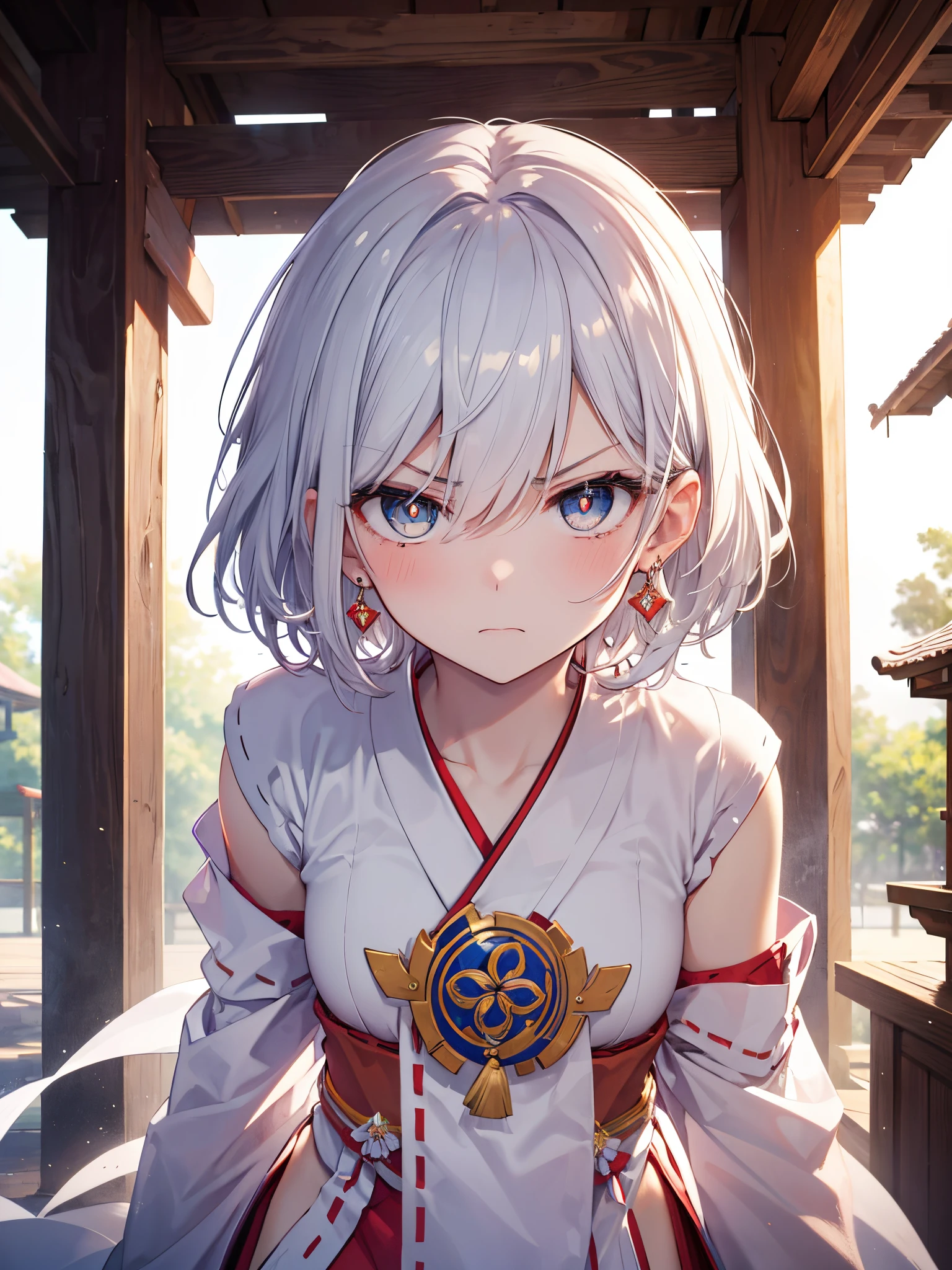 (masterpiece、top-quality、high resolution、Photorealsitic:1.2)、detailed faces and eyes、beautiful face、blue open sky, Realistic pupils、ultra detailed background、18 year old beautiful girl、((Miko))、short-hair, White hair、((2 colour eyes)), Shiny hair、Dynamic Poses、((Angry face))、Teary-eyes, blush, in a Shrine, innocent, standing, whole body, pedals are falling, earrings,