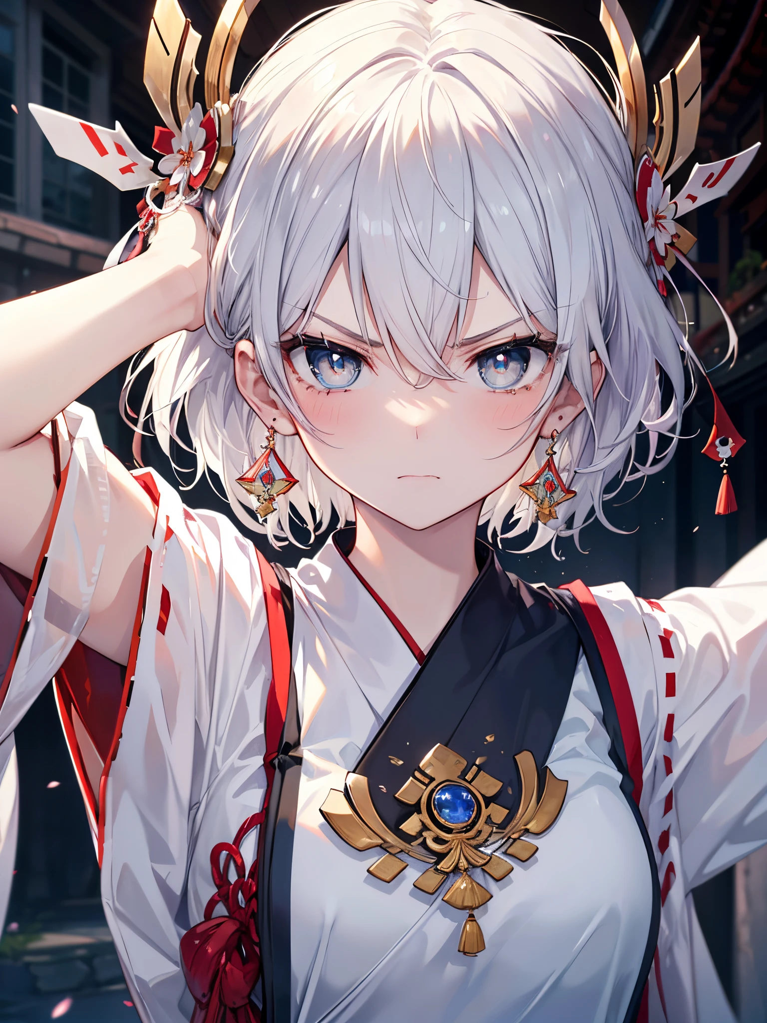(masterpiece、top-quality、high resolution、Photorealsitic:1.2)、detailed faces and eyes、beautiful face、blue open sky, Realistic pupils、ultra detailed background、18 year old beautiful girl、((Miko))、short-hair, White hair、((2 colour eyes)), Shiny hair、Dynamic Poses、((Angry face))、Teary-eyes, blush, in a Shrine, innocent, standing, whole body, pedals are falling, earrings,