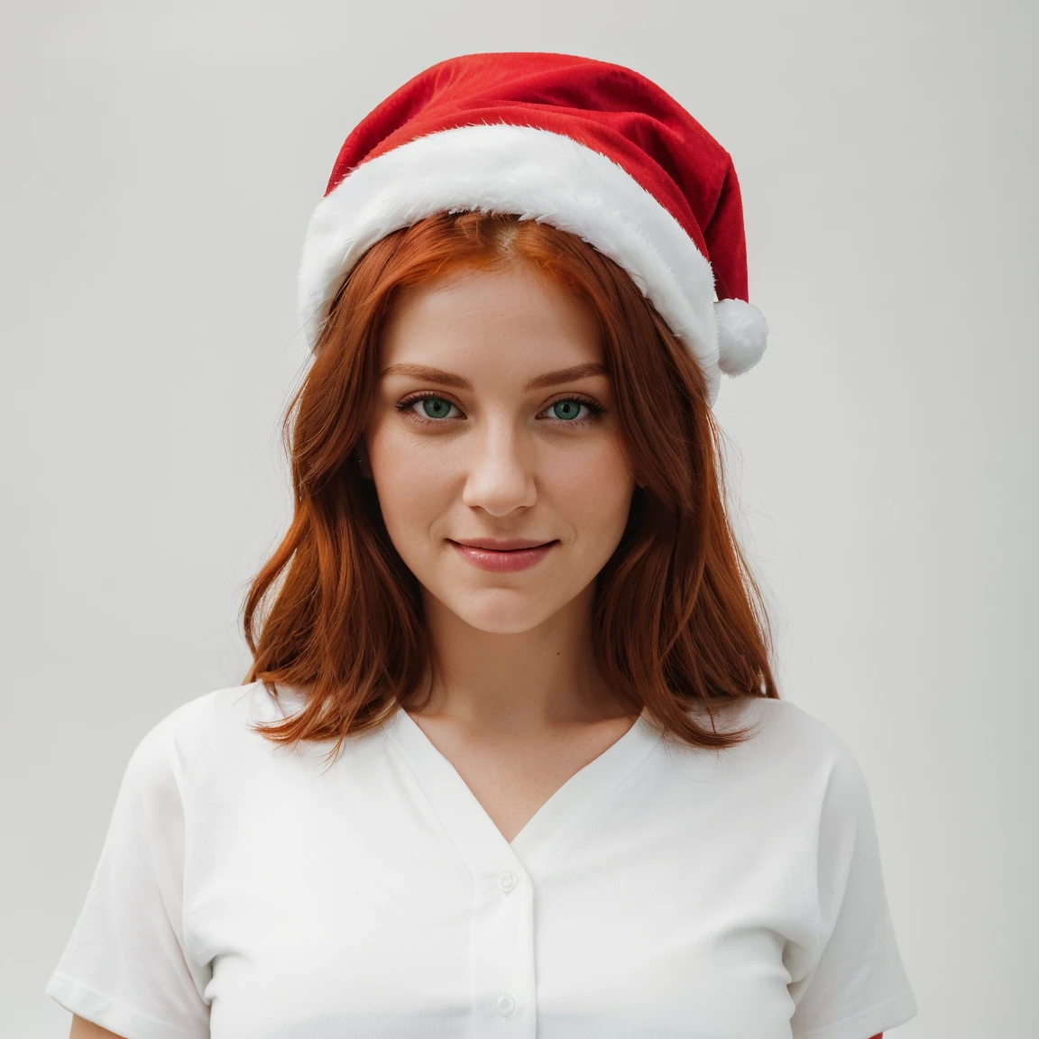 front view, looking at camera, RAW photo,((black shirt:1.2)), ((portrait)),beautiful red hair 30 years old woman, green eyes, perfecteyes eyes, ((white background:1.2)), studio lighting, high quality, film grain, Fujifilm XT3, centralized, Christmas hat, red shirt, happy, smile