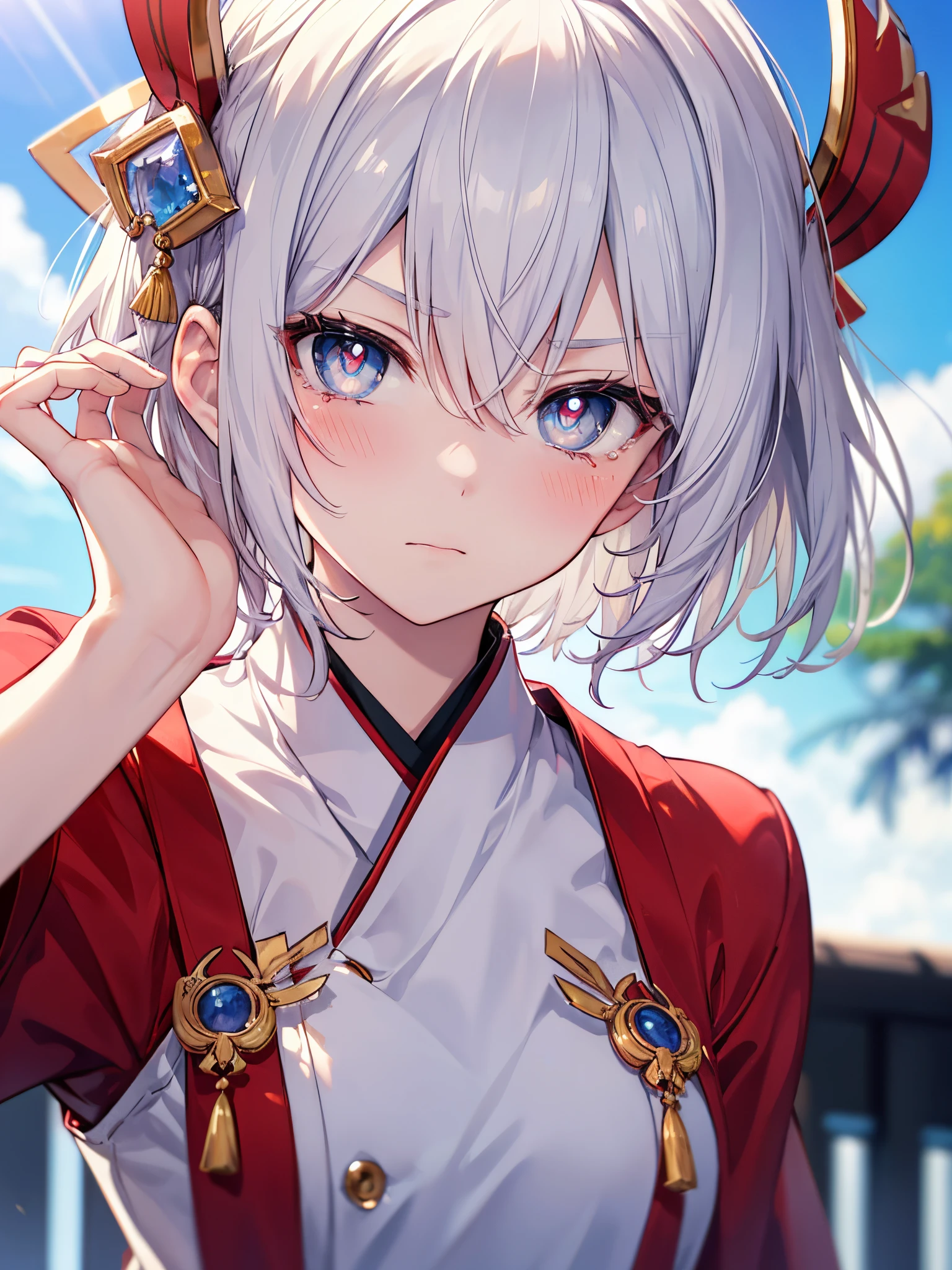 (masterpiece、top-quality、high resolution、Photorealsitic:1.2)、detailed faces and eyes、beautiful face、blurry backround、blue open sky、skinny skin、Sharp pupils、Realistic pupils、blurry backround、18 year old beautiful girl、Miko、short-hair, White hair、Red Left Eyes、Blue Right Eyes, Shiny hair、Dynamic Poses、Angry face、Teary-eyes, blush, Shrine, innocent, standing,