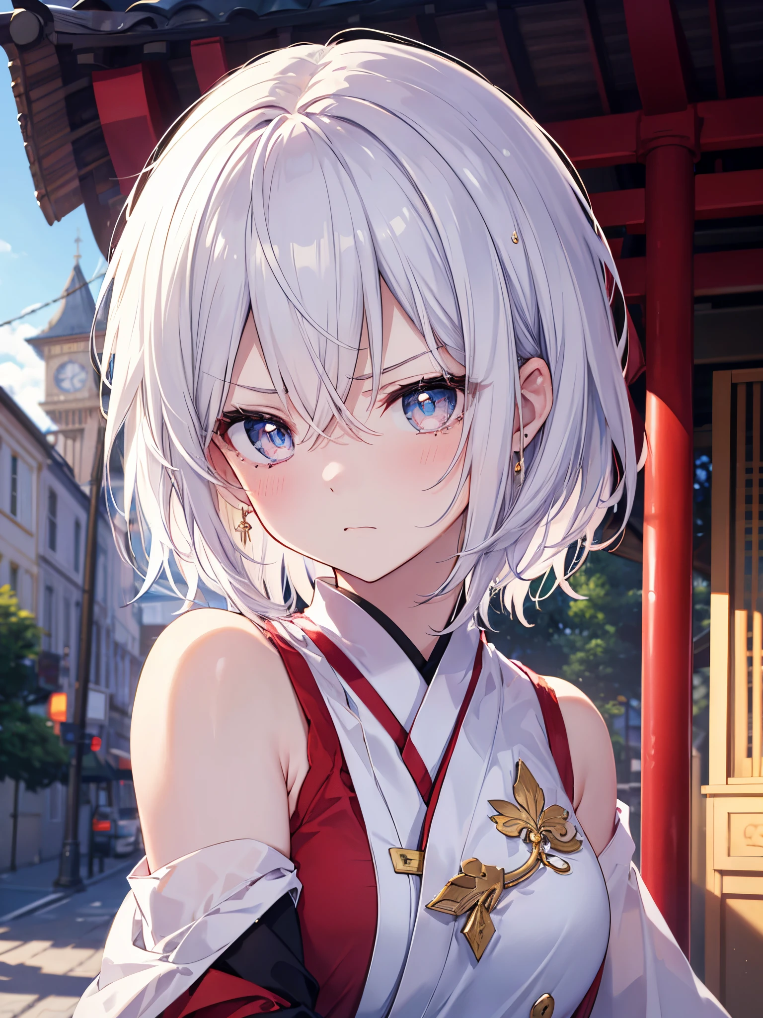 (masterpiece、top-quality、high resolution、Photorealsitic:1.2)、detailed faces and eyes、beautiful face、blurry backround、blue open sky、skinny skin、Sharp pupils、Realistic pupils、blurry backround、18 year old beautiful girl、Miko、short-hair, White hair、Red Left Eyes、Blue Right Eyes, Shiny hair、Dynamic Poses、Angry face、Teary-eyes, blush, Shrine, innocent, standing,