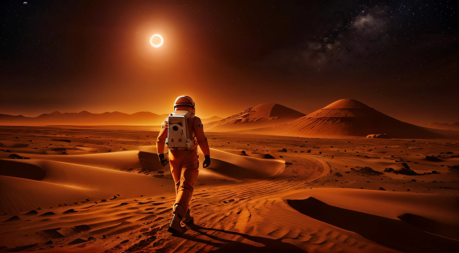 An orange suited astronaut walking on a red and dusty planet, stars in the background, sand storm