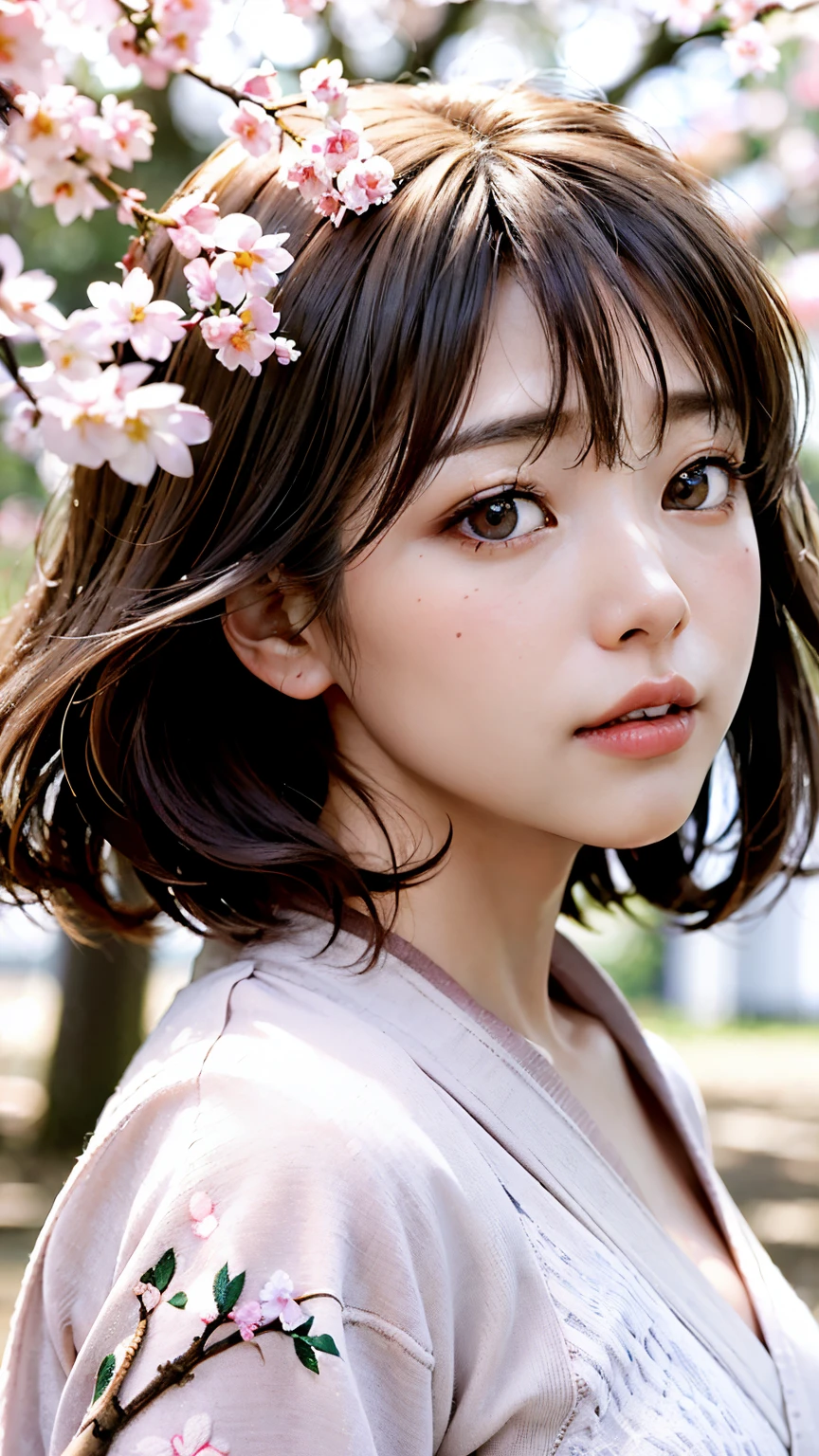 (A logo、masterpiece、8K、masutepiece、Raw photo、Fantastic、Best Quality、Photorealistic、extremely detailed CG unified 8k wallpaper、hightquality、ighly detailed、epic poem、Particle effect、Dynamic effects、depth of fields、Cinematic Light、Lens Flare、Ray tracing)、Fantasia、 (Beauty 1 person、White Japanese Clothing、Japanese dress、White cherry blossom pattern、White cherry blossom embroidery pattern、A dark-haired、Beautiful face、Real Face、Beautiful detail eyes、Beautiful skin)、Hair flutters in the wind、Hair jumps、Pink cherry blossom tree、Petals flutter、Sakura blizzard、Superb view、morning glow、Sun in the background、the wind、Deities、tusk、myth、Vast Land、