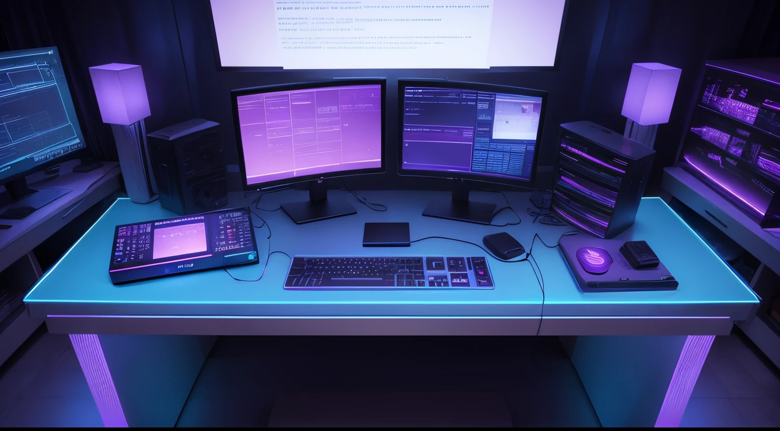 A purple and blue neon light computer desk with multiple monitors a "microfono" y un teclado, cyber neon lighting, Neon lighting, in a large room with large windows on a sunny sunset, Pantalla de jugador de escritorio de metal, pantallas transparentes con paginas web y estadisticas, pantallas con estadisticos