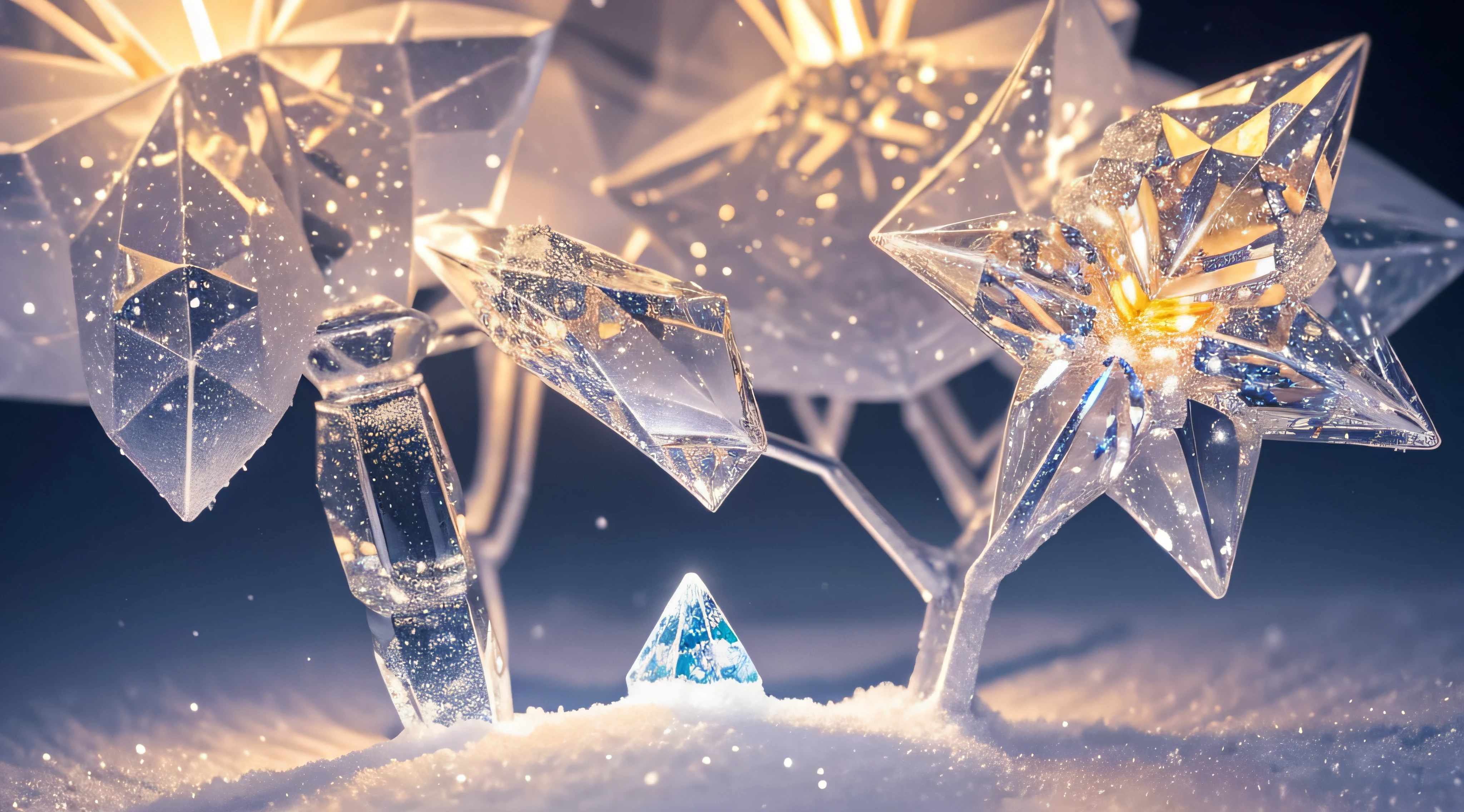 Super quality,Extremely sophisticated and complex,microcosm,(New Year elements under macro lens),snow crystal、lamplight,Presenting a unique microscopic perspective,New Year atmosphere,warm color palette