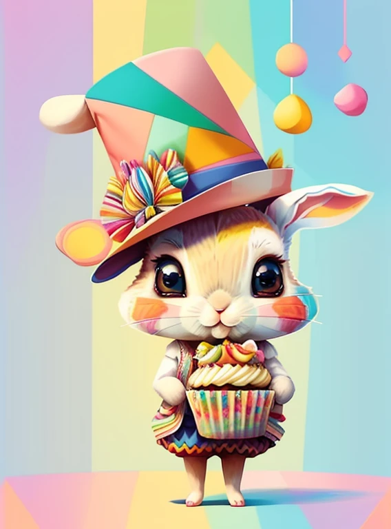 (cute bunny with a hat and a cupcake),(melhor pose),(best angle), (better expression), Eduardo Kobra acolchoamento ,multidimensional geometric wall PORTRAIT, arte, Chibi,
Yang08k, lindo, Colouring,
Primary works, qualidade superior, melhor qualidade, Arte Oficial, Beautiful and Aesthetic, pelos coloridos,