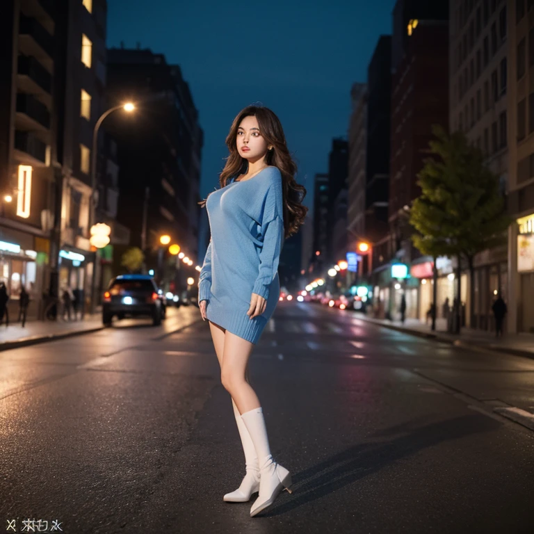 full bloom, Lens reflections, (8K, raw, professional, Best quality, tmasterpiece: 1.2), (actual, realistically: 1.37), ultra - detailed, (Wide-angle 25mm portrait), (the most detailed skin: 1.2), The face is very delicate,There is a red halo,Wear round glasses, 电影灯光, 1 plump girl,cabelos preto e longos, (Windless), standing on the street, Bright light, looking at the camera in,Oversized breasts,Accentuate Chest,Blue sweater dress,white stockings