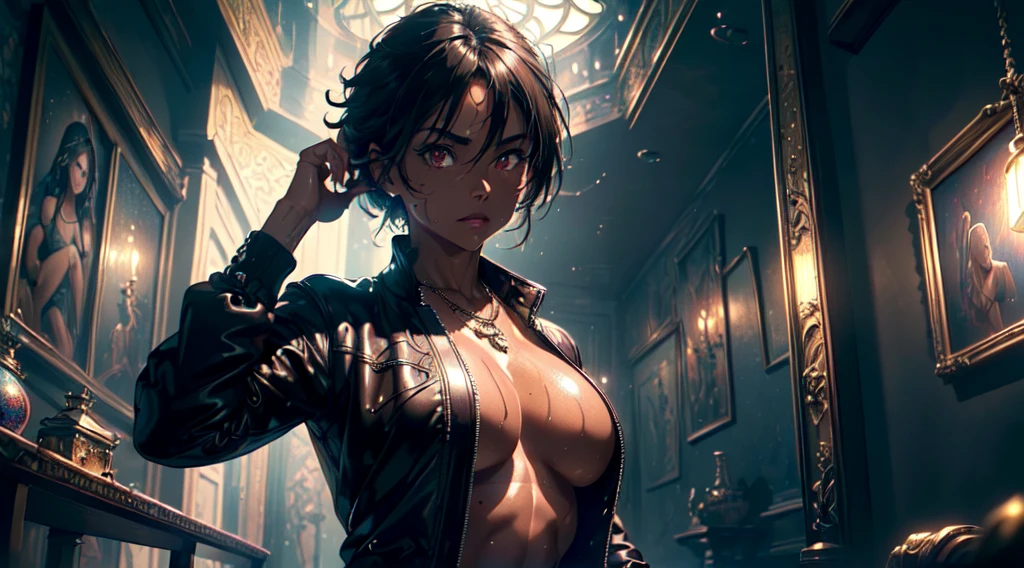 absurdres, highres, ultra detailed, (1 girl: 1.2), (((light tanned skin: 1.4))), abs: 1.3, round ass, black necklace shoker, unity 8k wallpaper, a woman, wet, sweat, Dynamism, cinematic shot, intricate details, (lifting jacket: 1.3), grab ass, (visible skin: 1.3), sexy clothes, tease, playful expression, seductive pose, (masterpiece, ultra highres, detailed background:1.5), (intricate surroundings: 1.3), (elaborate scenery:1.3), (rich textures: 1.3), (detailed lighting: 1.2), (dramatic shadows: 1.2), (vivid color palette: 1.2), pool, large breast, seductive pose, Dark hair, Short and (Spiky), bright lighting, cyberpunk