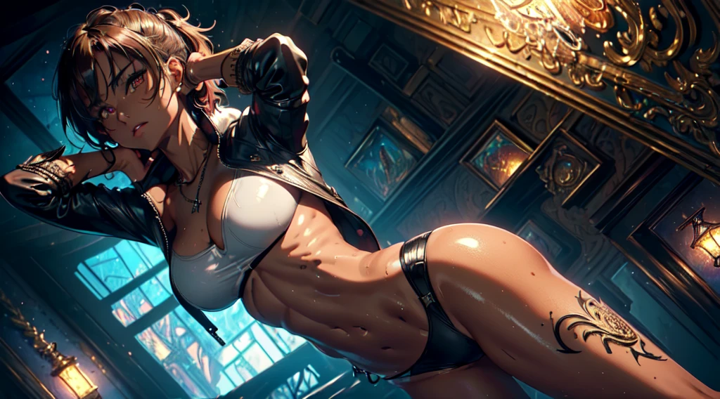 absurdres, highres, ultra detailed, (1 girl: 1.2), (((light tanned skin: 1.4))), abs: 1.3, round ass, black necklace shoker, unity 8k wallpaper, a woman, wet, sweat, Dynamism, cinematic shot, intricate details, (lifting jacket: 1.3), grab ass, (visible skin: 1.3), sexy clothes, tease, playful expression, seductive pose, (masterpiece, ultra highres, detailed background:1.5), (intricate surroundings: 1.3), (elaborate scenery:1.3), (rich textures: 1.3), (detailed lighting: 1.2), (dramatic shadows: 1.2), (vivid color palette: 1.2), pool, large breast, seductive pose, Dark hair, Short and (Spiky), bright lighting, cyberpunk
