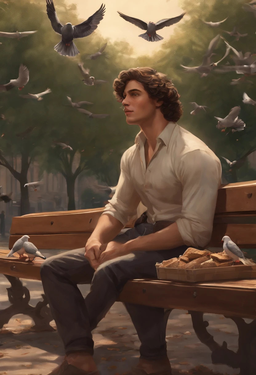 The image is of Marcus sitting on a park bench, surrounded by pigeons, feeding them crumbs from a bag of stale bread.,original,Marcus has curly brown hair, brown eyes, various scars from getting into fights, famously portrayed by Benjamin Wadsworth, male