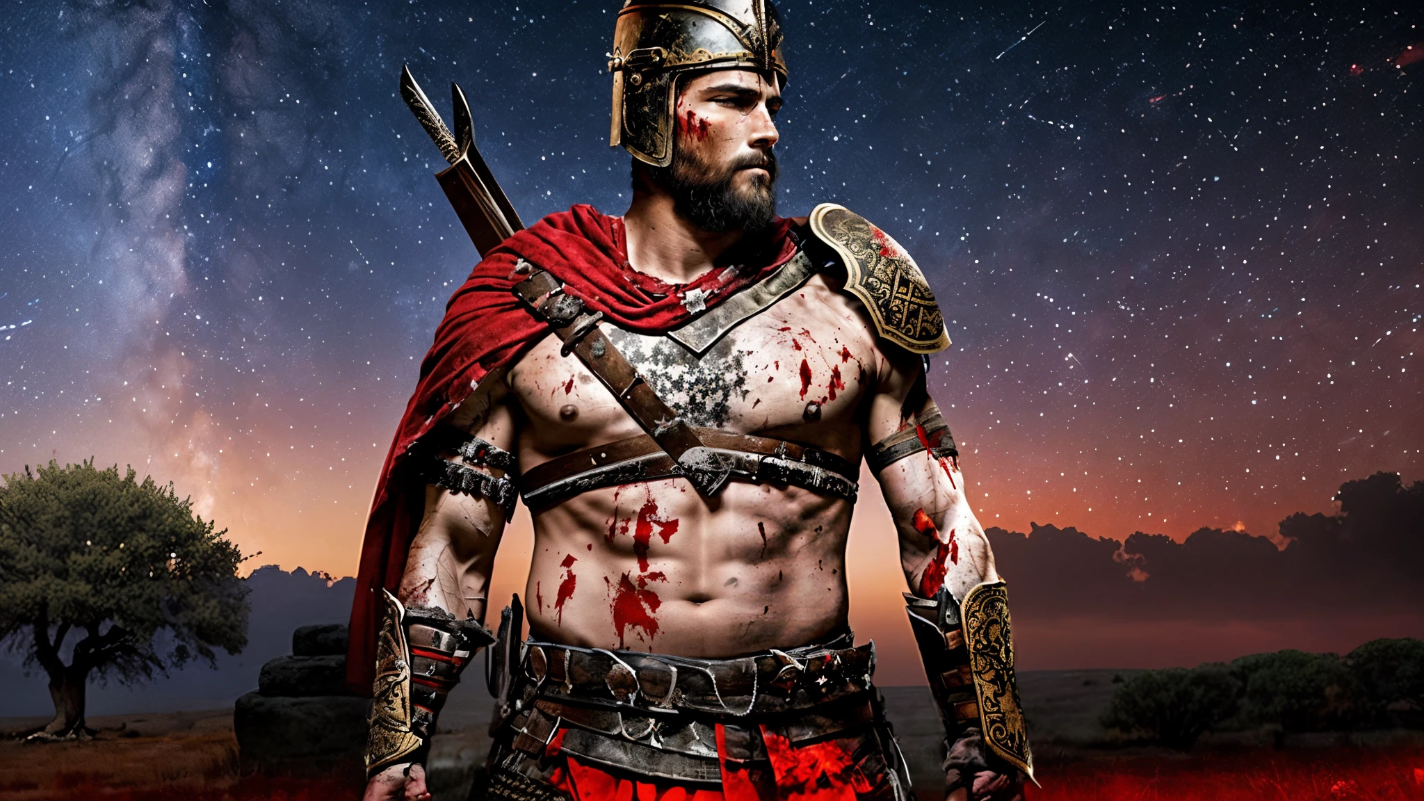 Wounded ancient soldier, looking at the stars, dawn, a tree in the vicinity, blood spilling out of his stomach area. He's wearing ancient warrior gear, his sword next to him.