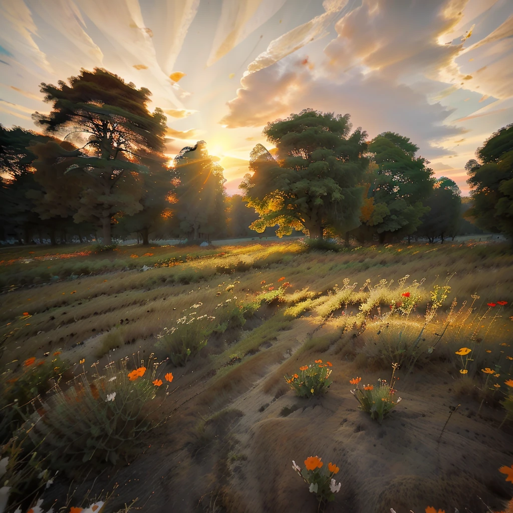 Magnificent sunrise with orange and red lights rising from a beautiful plain with beautiful trees and flowers that display beauty with a large sun taking up most of the screen at the top