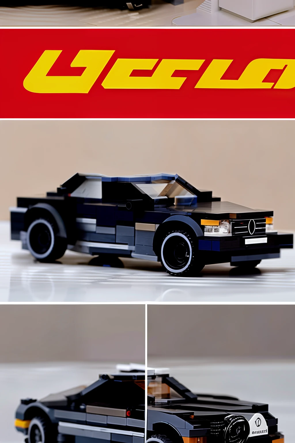 "A realistic LEGO set with box in the background
showing a black coloured 2011 Benz s212 with a xxxxxxxx
theme. The lighting mode should be xxxxxxxxxx.
The set should uses minimal simple design and
showcases the detailed model features along with
the xxxxx themed design elements. On the box, it
should be incorporating the original xxxxxxx car
logo alongside the accurate LEGO brand logo.