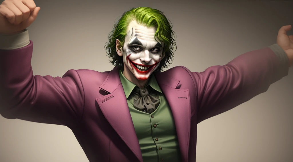 The Joker with a big smile and his arms are wide