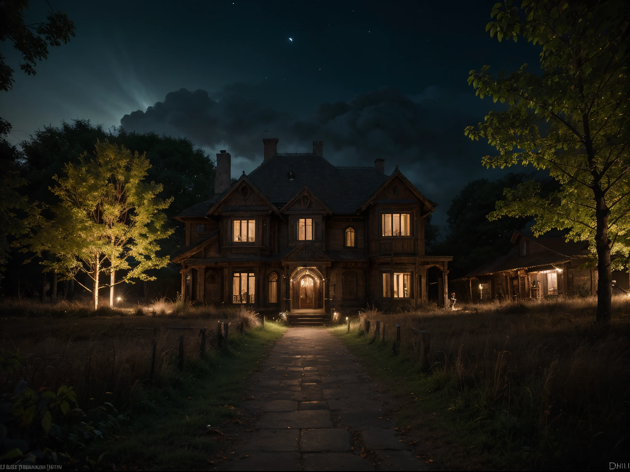 In a steampunk environment, it captures a panoramic shot from different angles of steampunk-style monsters walking towards mysterious and ghostly houses with little light in the middle of a foggy forest., gothic art, aspecto steampunk, towering metallic trees and radiant neon foliage, harmoniously combining nature and ancient technology, en la noche oscura con un ambiente steampunk, The night in this masterpiece conveys a feeling of ethereal beauty, ya que los colores oscuros de la misteriosa escena contrastan elegantemente con los elementos steampunk. La escena es por la noche, Attention to detail is impeccable, creando una experiencia visual impresionante, Obra maestra altamente detallada, Meticulously labeled and presented in stunning 8K resolution, profesional photography, 8k, foto RAW, La mejor calidad, obra maestra, fotorrealista, Altamente detallado, foco nítido, DSLR, High resolution, fotorrealista