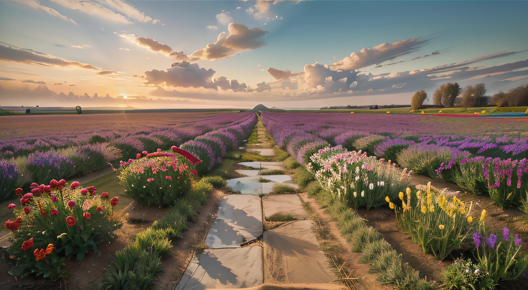 Step into a canvas that portrays an oil painting drenched in elegance. As the viewer gazes upon the artwork, they are transported to a captivating field teeming with an expanse of tulips and lavender. Amidst nature's grandeur, a bouquet featuring delicate white roses, tulips, and lavender rests, emanating a striking charm and a captivating fragrance. The painting captures the serene moment during sunrise, when the first rays of sunlight cast a golden glow upon the scene, illuminating every petal and infusing the air with a sense of tranquility.