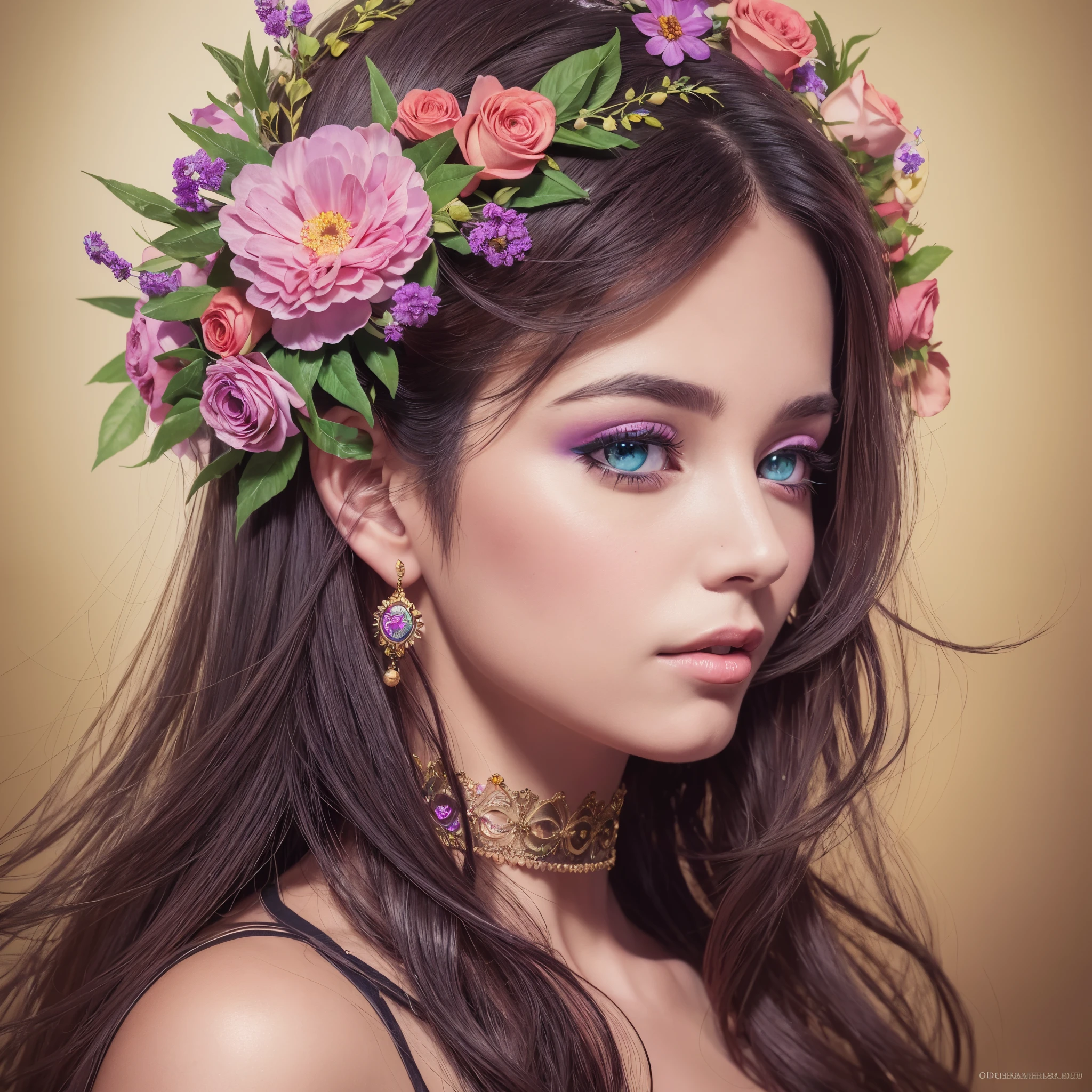 Portrait of a woman in Alafed wearing a colorful flower crown in beautifully drawn, highly detailed digital art. Vivid and gorgeous fantasy art.