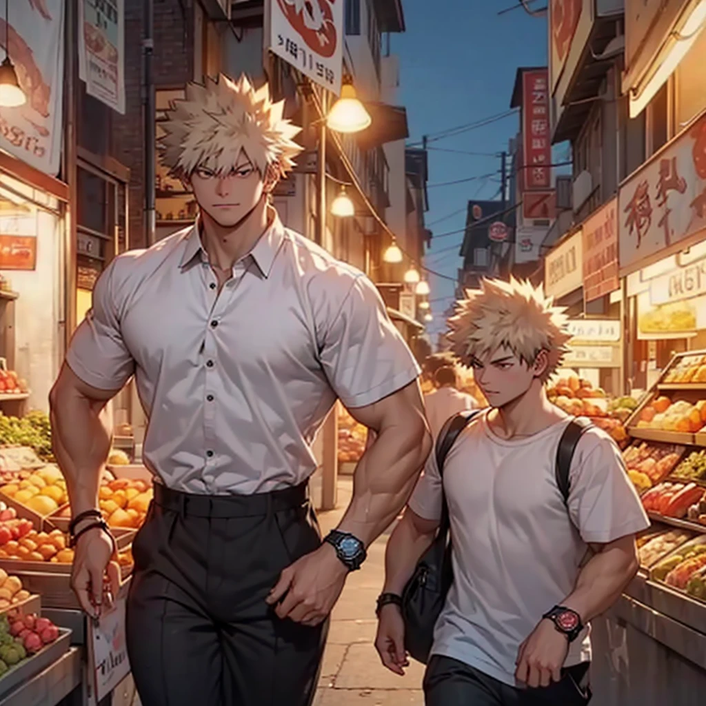 Muscular Bakugou Katsuki in white shirt and black pants with some wristbands and a wrist watch walking on the street, looking around, evening scene, bustling market, upper body