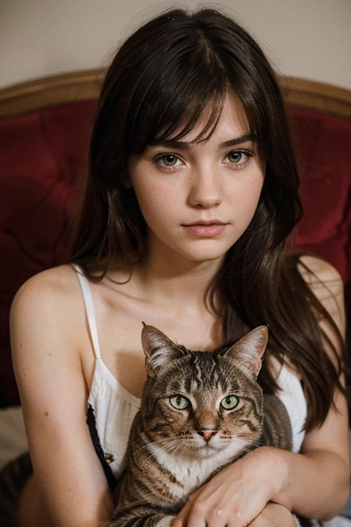 Lucy photography of a 20yo woman, perfect face, wth cat