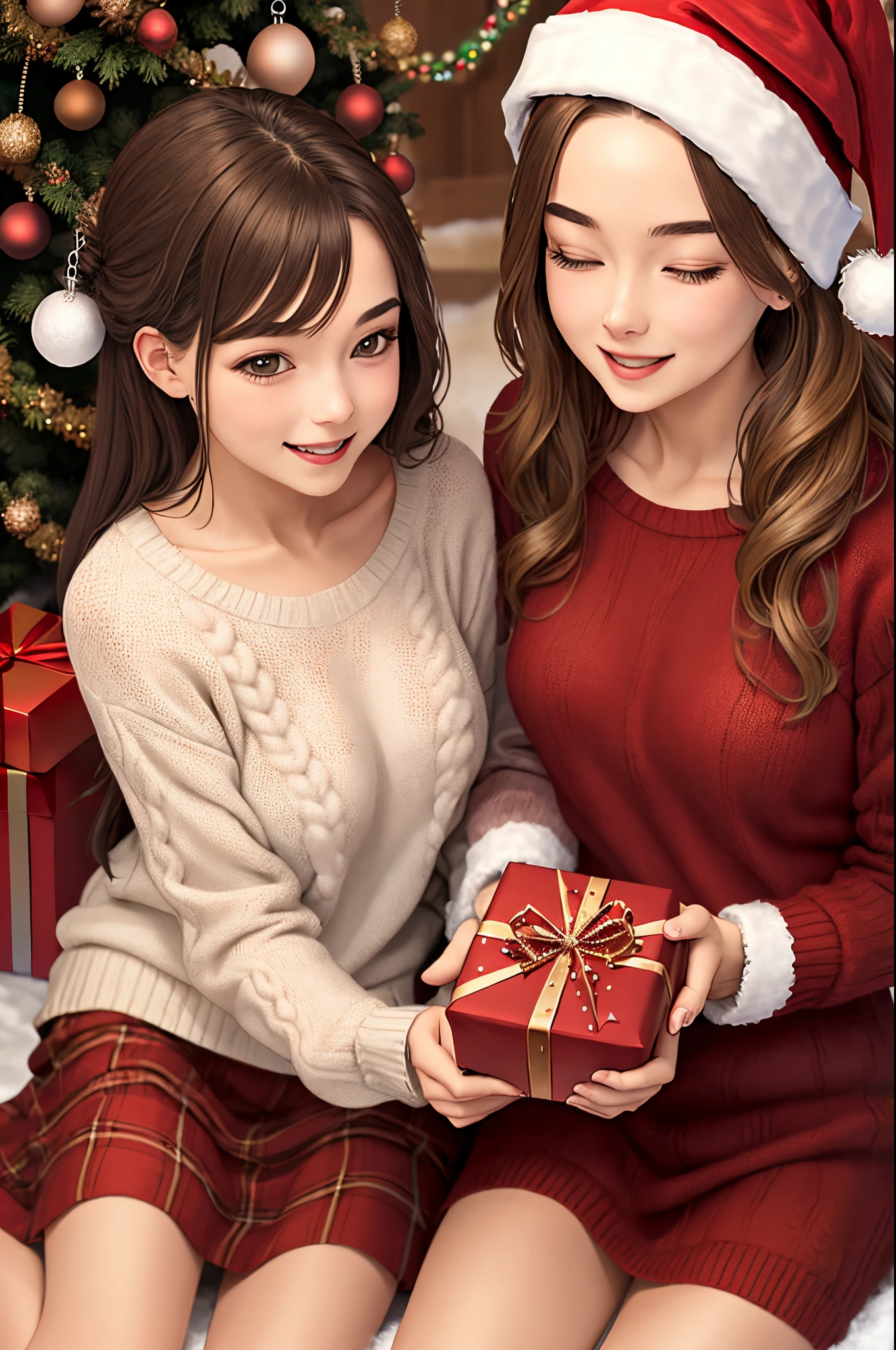 Christmas, one girl in dress and one girl in sweater, two sweet rats, happiness, Xmas gift